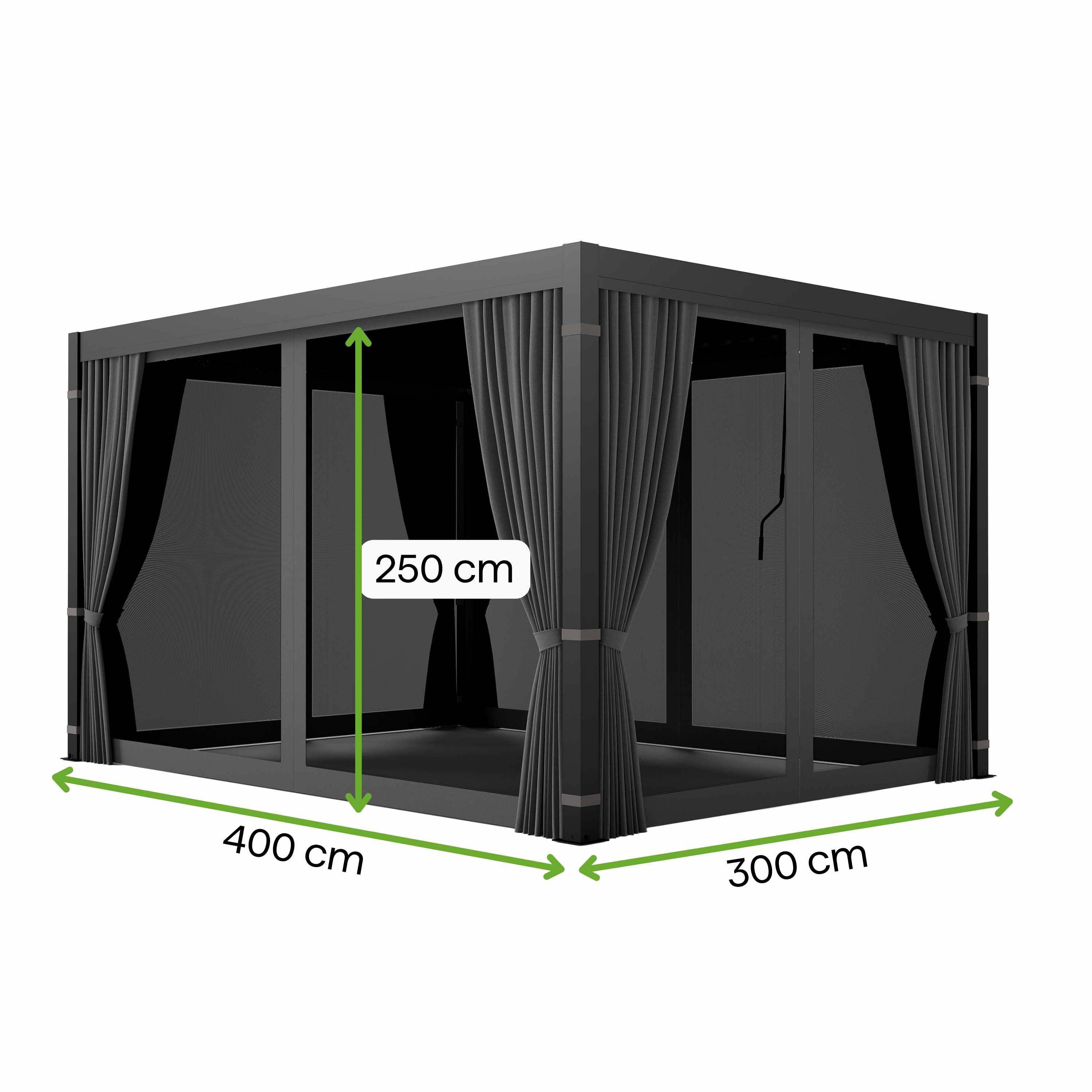 Pergola tarasowa z moskitierą i zasłonami z zaznaczonymi wymiarami 400 cm na 300 cm wysokość 250 cm