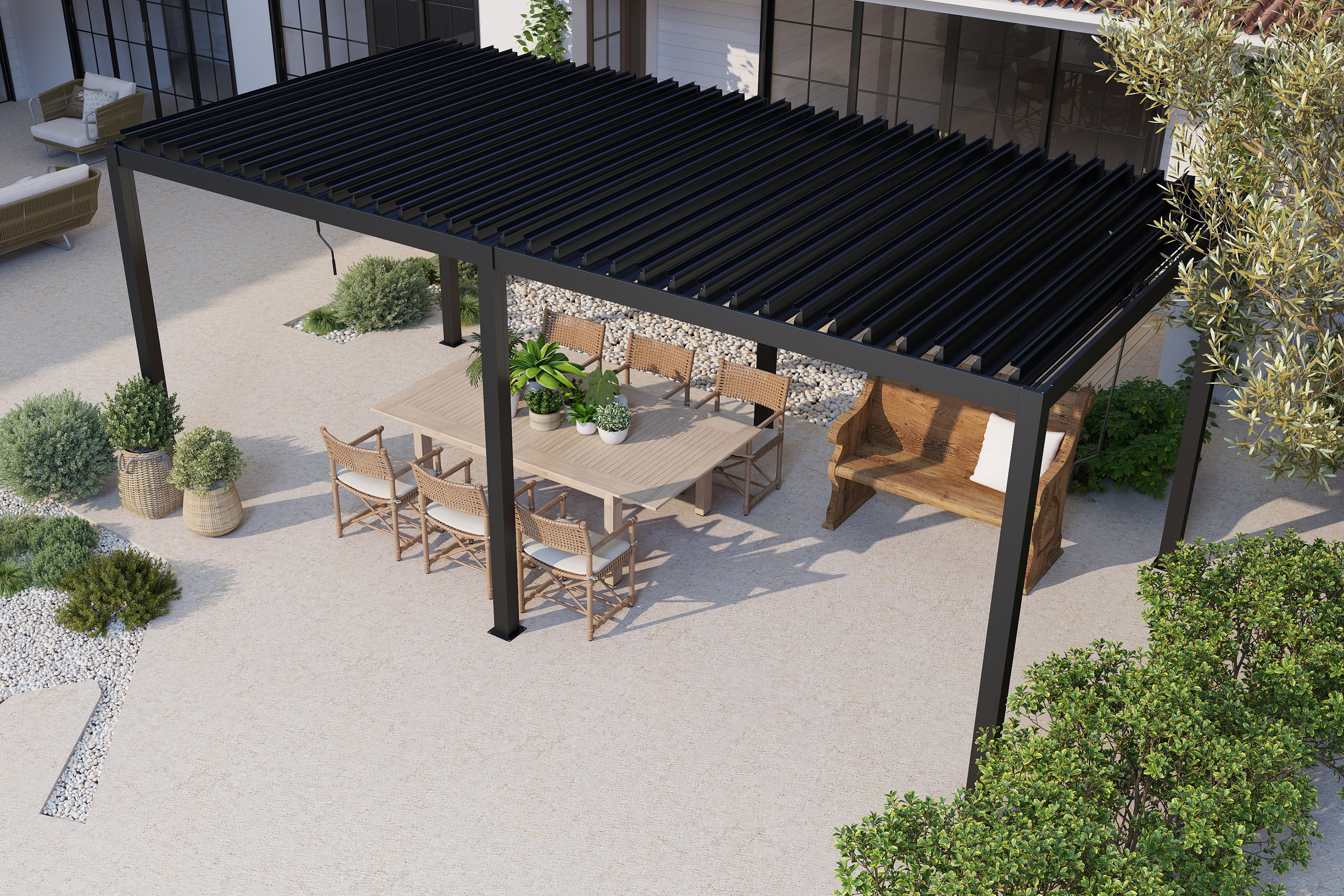 Pergola tarasowa z regulowanym dachem lamelowym w nowoczesnym ogrodzie z zestawem mebli ogrodowych