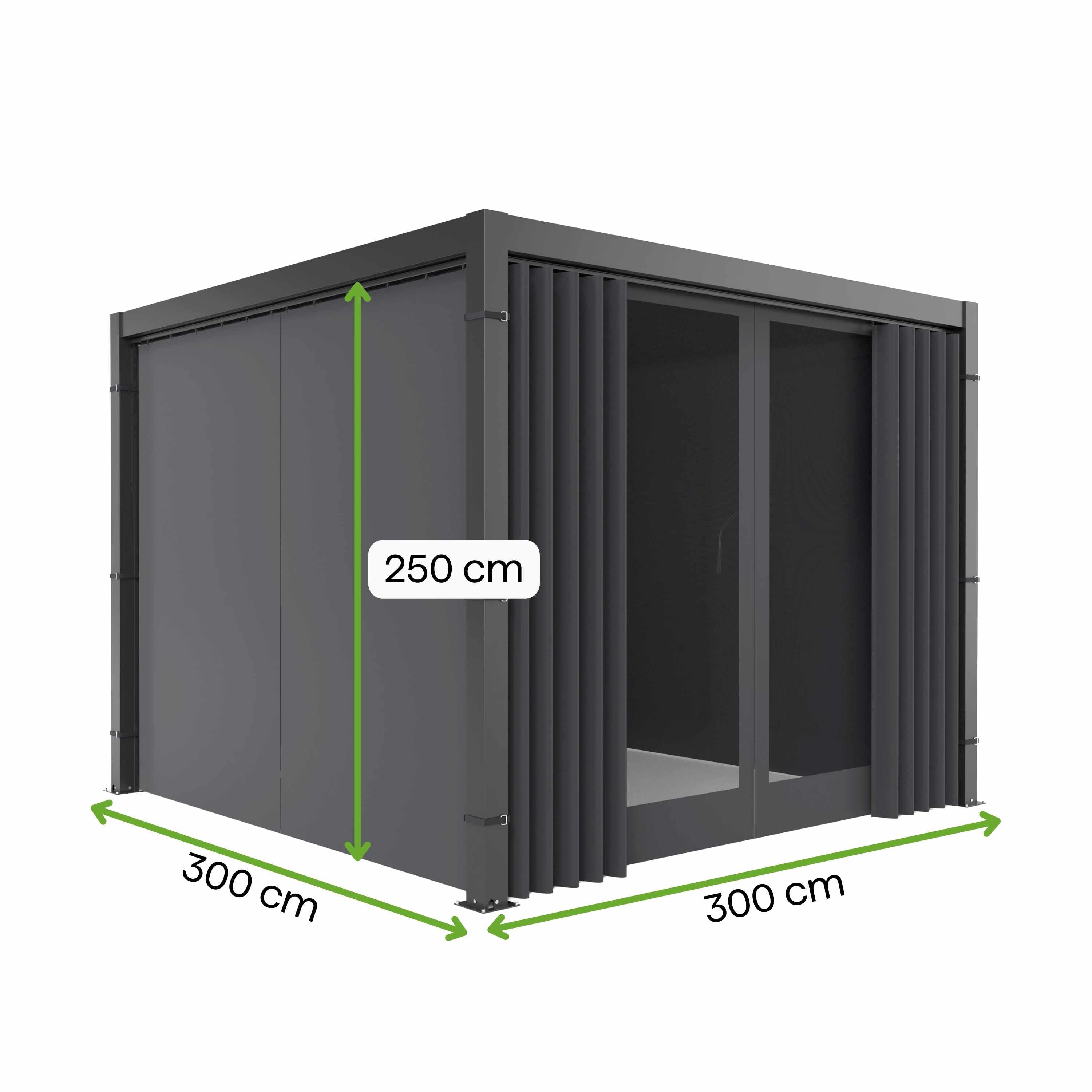 Pergola tarasowa z zasłonami z zaznaczonymi wymiarami 300 cm na 300 cm wysokość 250 cm