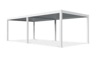 Biała aluminiowa pergola o dużej powierzchni, zaprezentowana pod kątem na neutralnym tle.