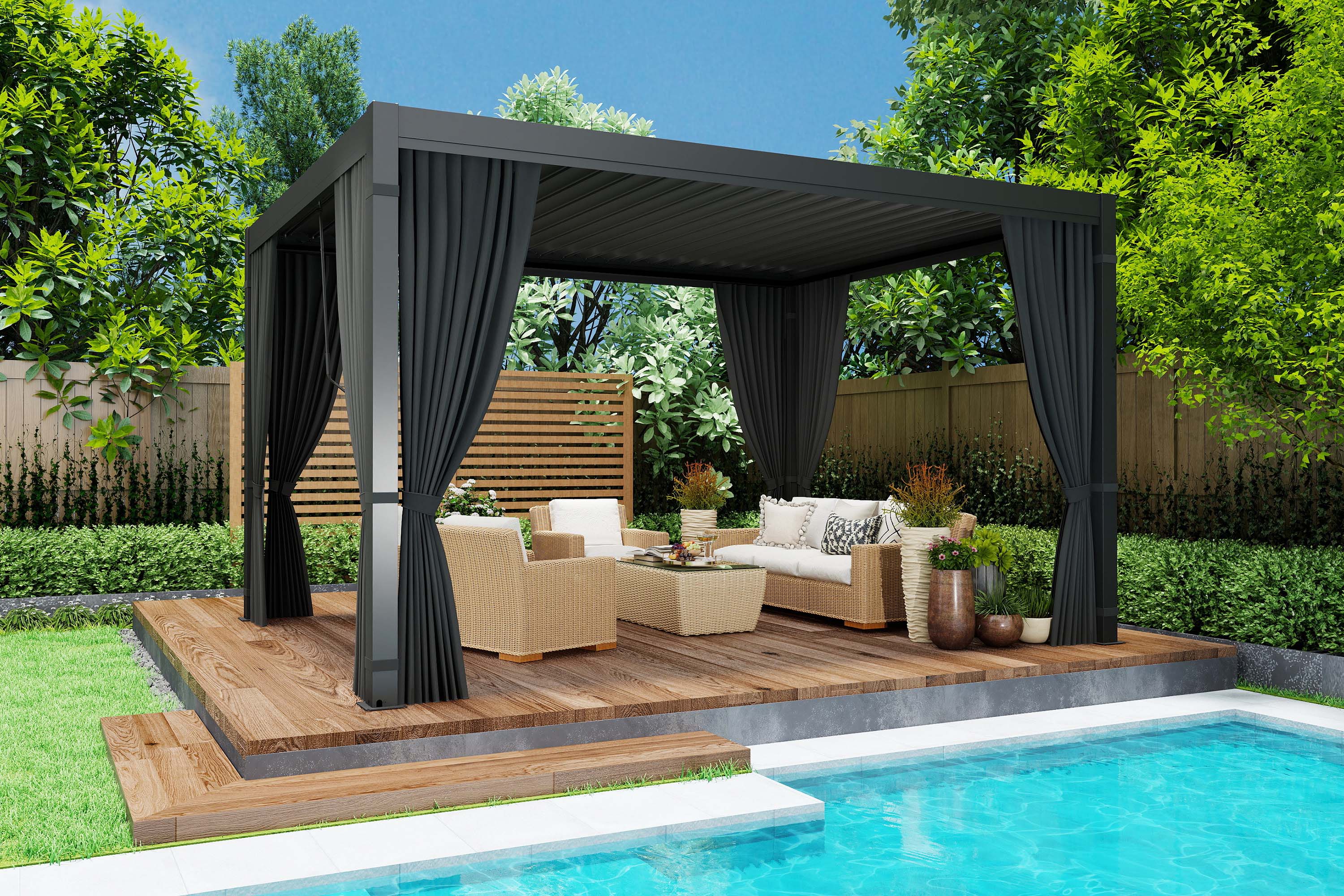 Pergola ogrodowa z moskitierą i zasłonami bocznymi przy basenie aranżacja tarasu 