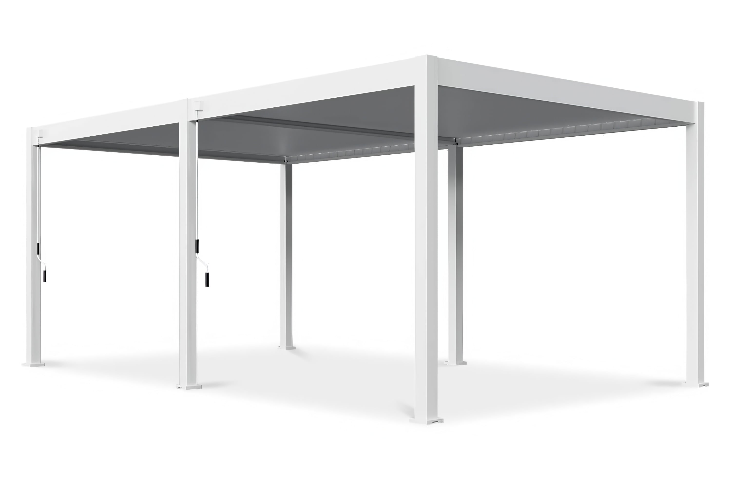 Widok pod kątem na nowoczesną pergolę z aluminium w kolorze białym