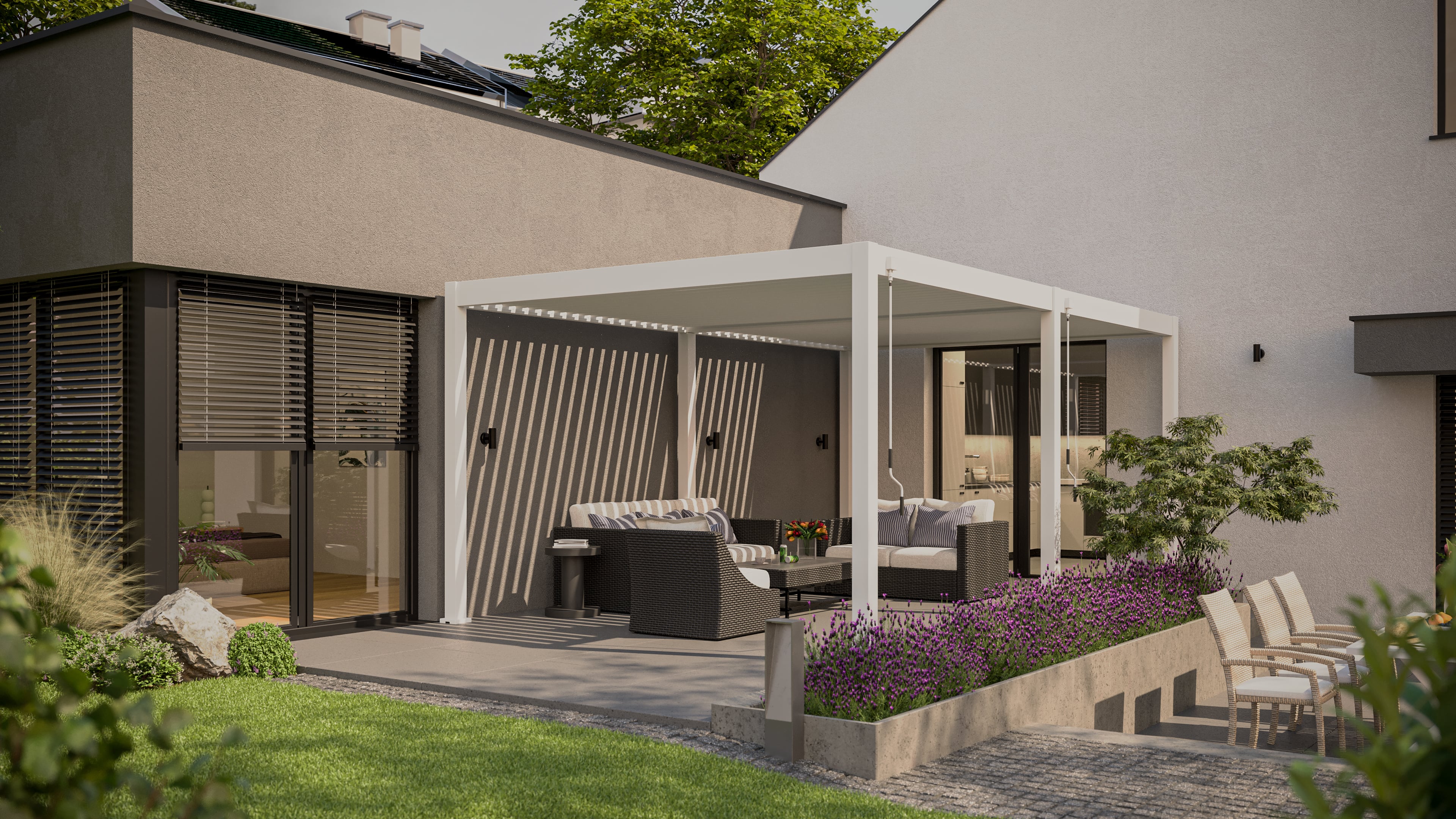 Pergola aluminiowa na taras 3.6x6 DELUXE White - Gutroof przy ścianie domu