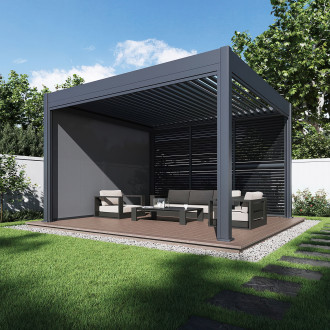 pergola deluxe automatic z zamontowanymi dodatkowymi panelami żaluzjowymi i roletami
