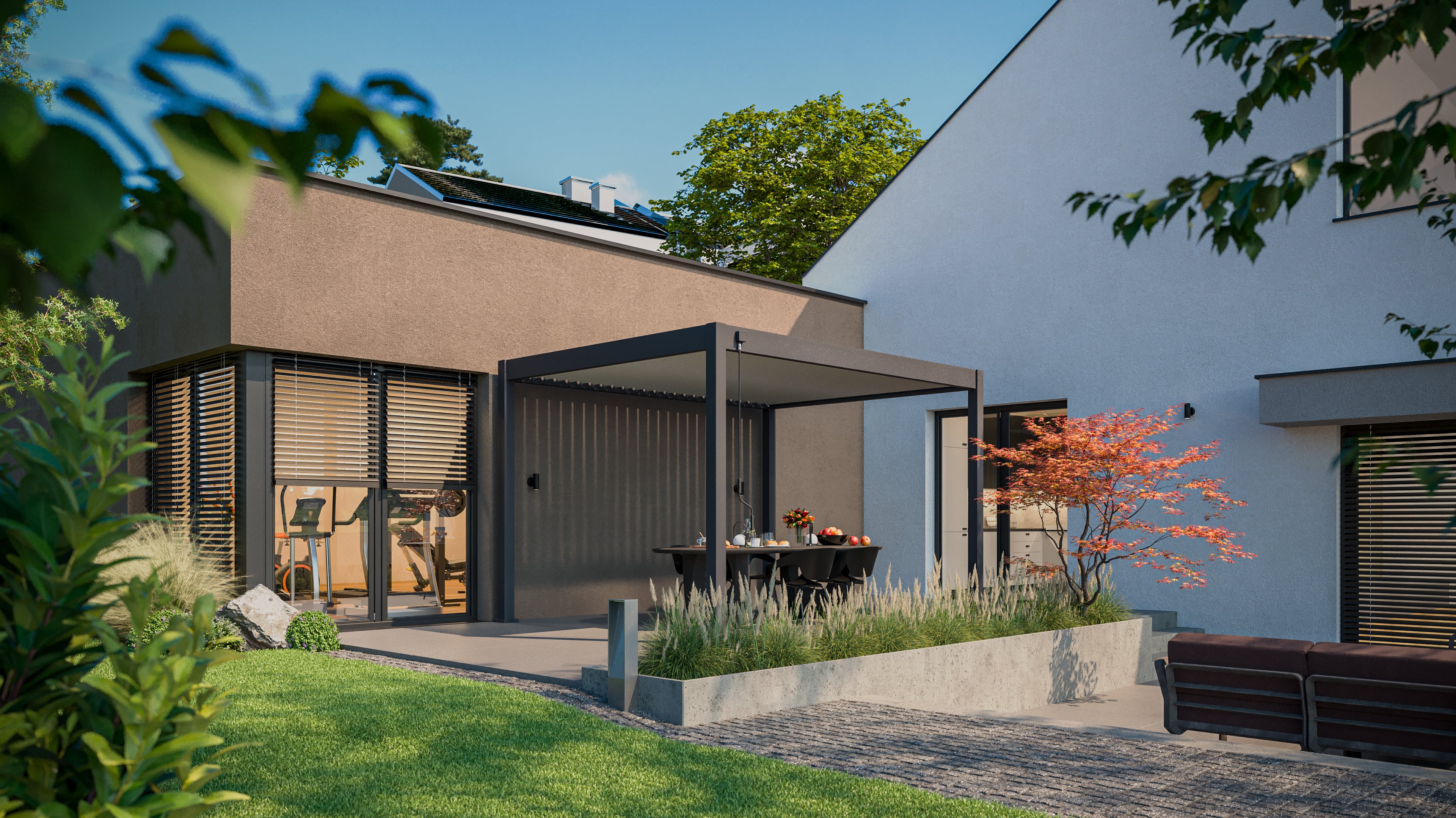 Pergola ogrodowa na taras ELEGANCE 3x4 AnthraciteLight Grey - Gutroof przy ścianie domu