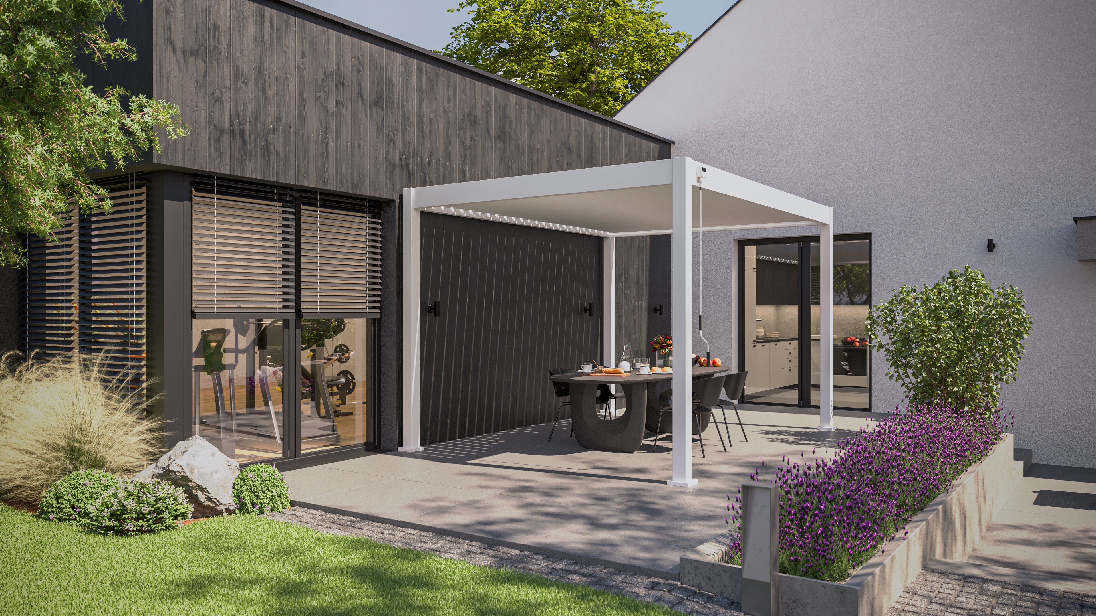 Pergola ogrodowa na taras ELEGANCE 3x4 White - Gutroof przy ścianie domu