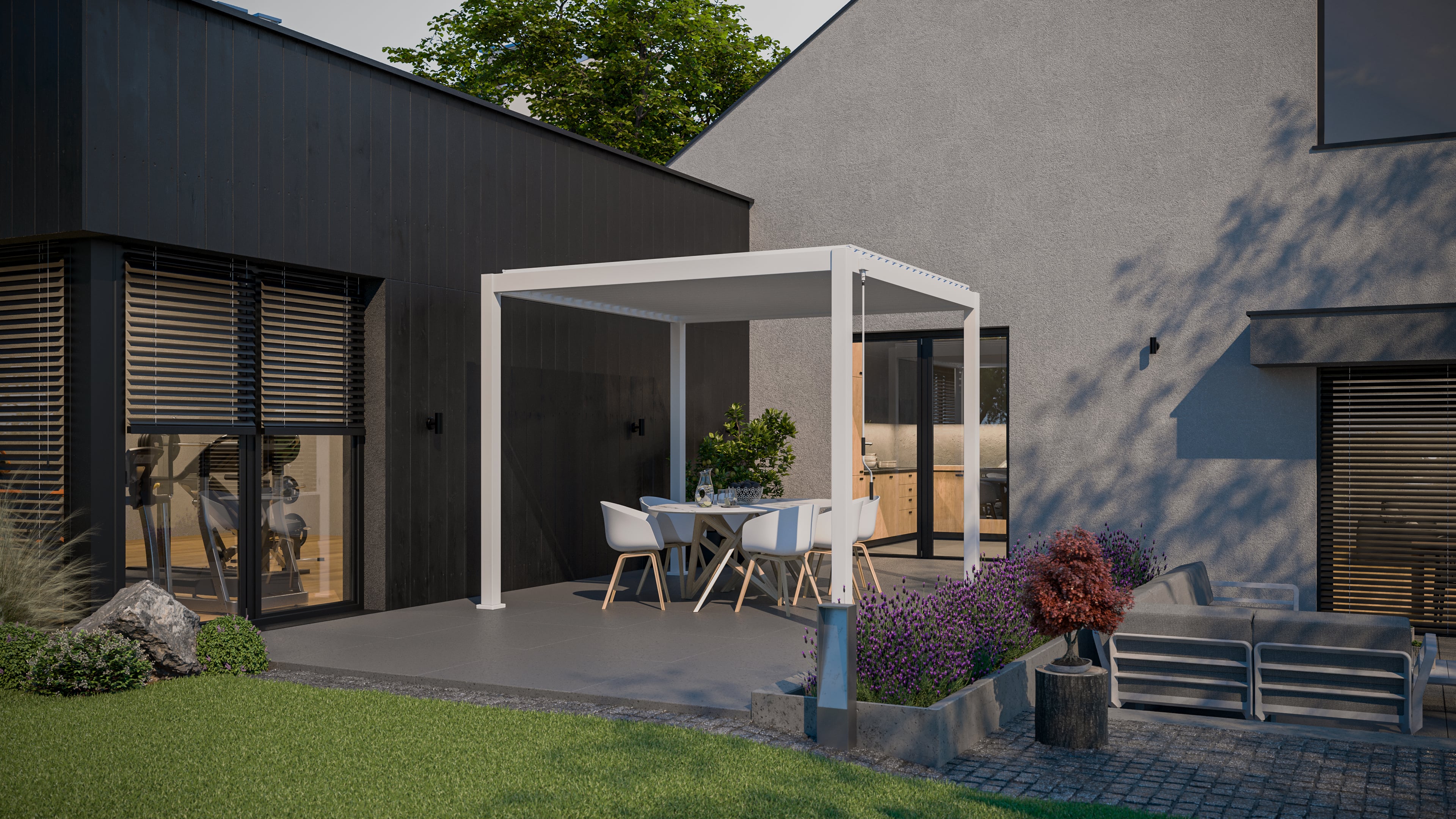 Pergola ogrodowa tarasowa 3x3 Premium White - Gutroof w aranżacji na tarasie