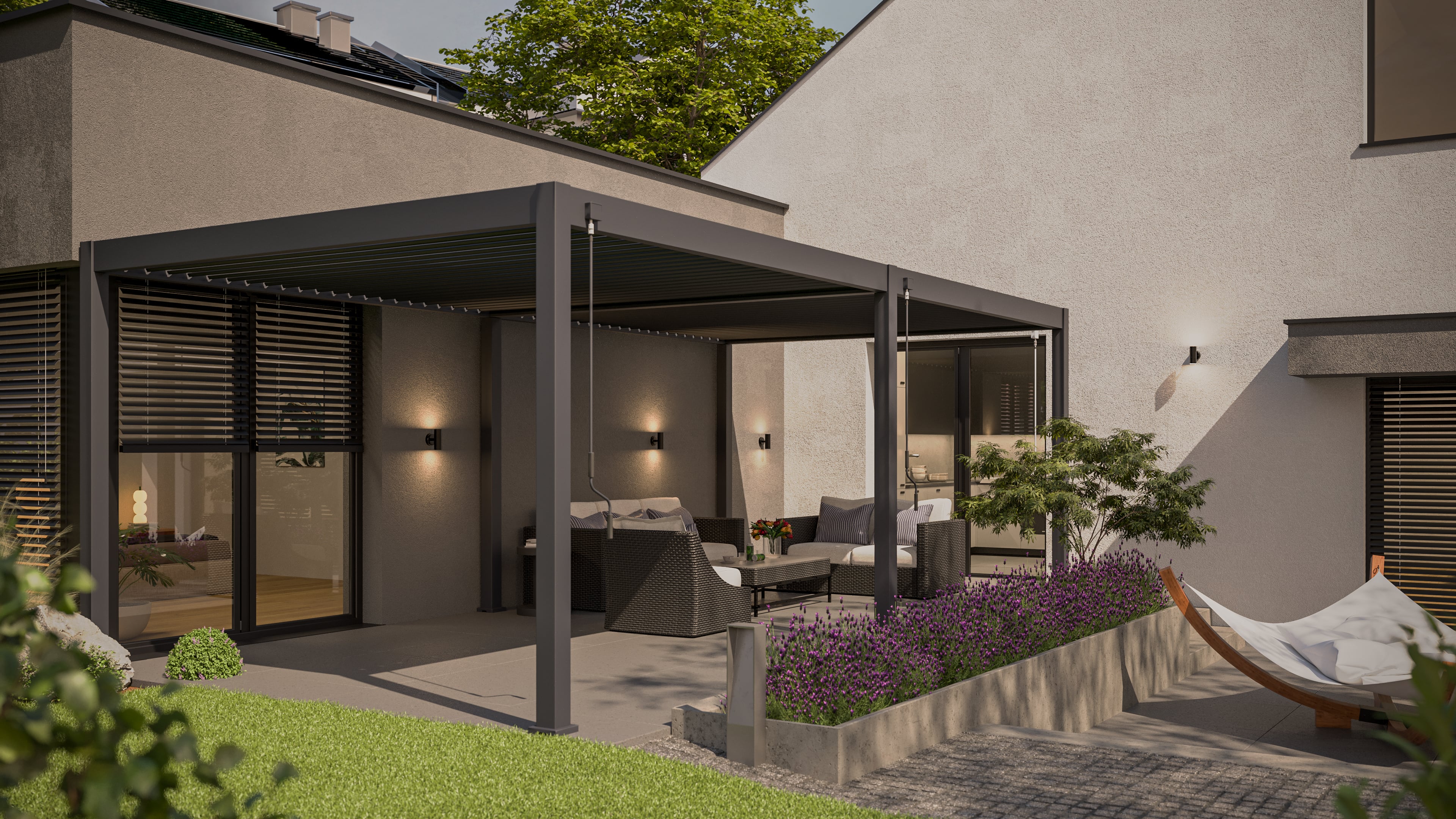 Pergola tarasowa 3.6x7.2 DELUXE Anthracite - Gutroof w świetle dziennym 