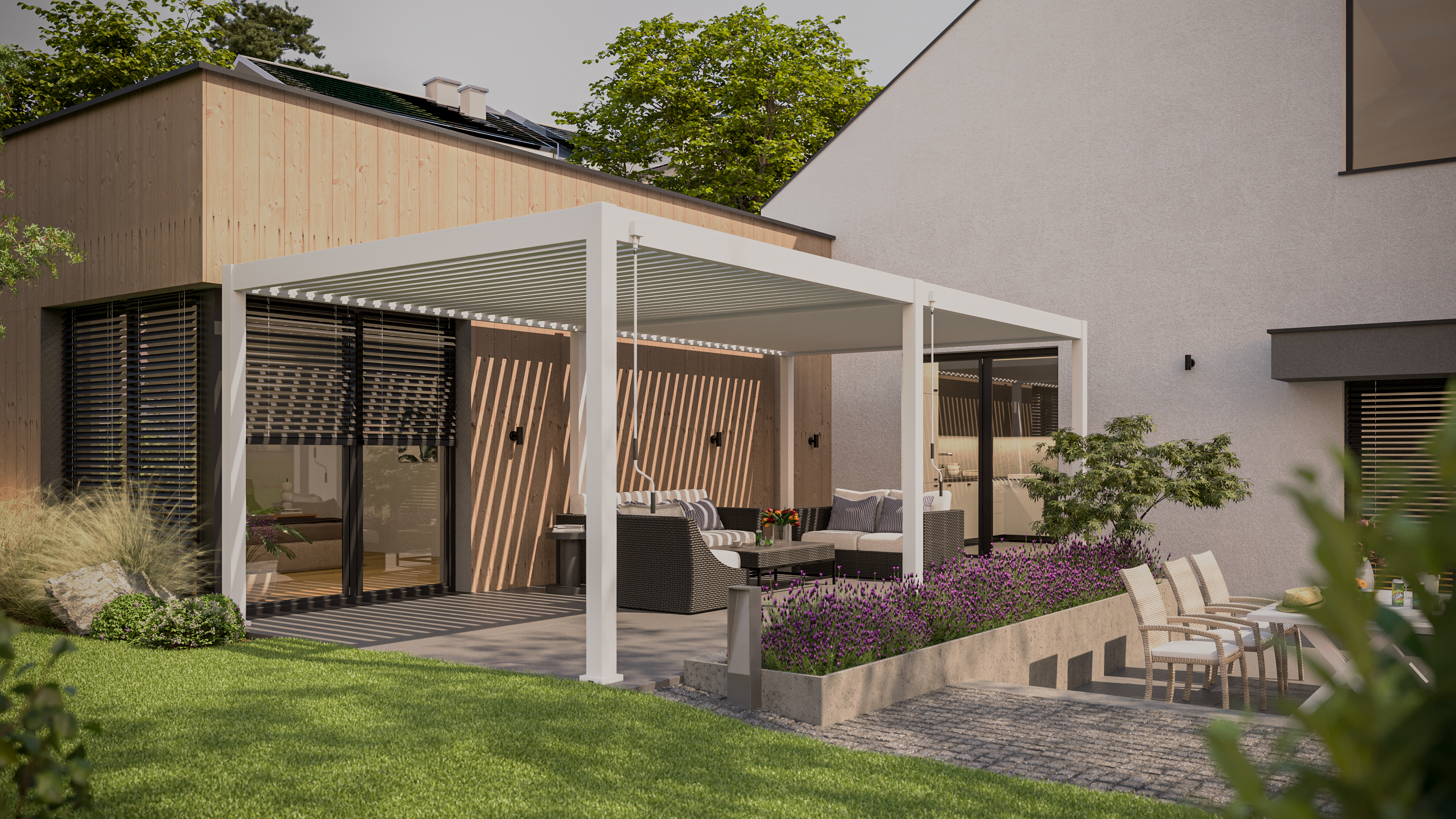 Pergola tarasowa 3.6x7.2 DELUXE White - Gutroof przy ścianie domu