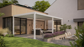 Pergola tarasowa 3.6x7.2 DELUXE White - Gutroof przy ścianie domu
