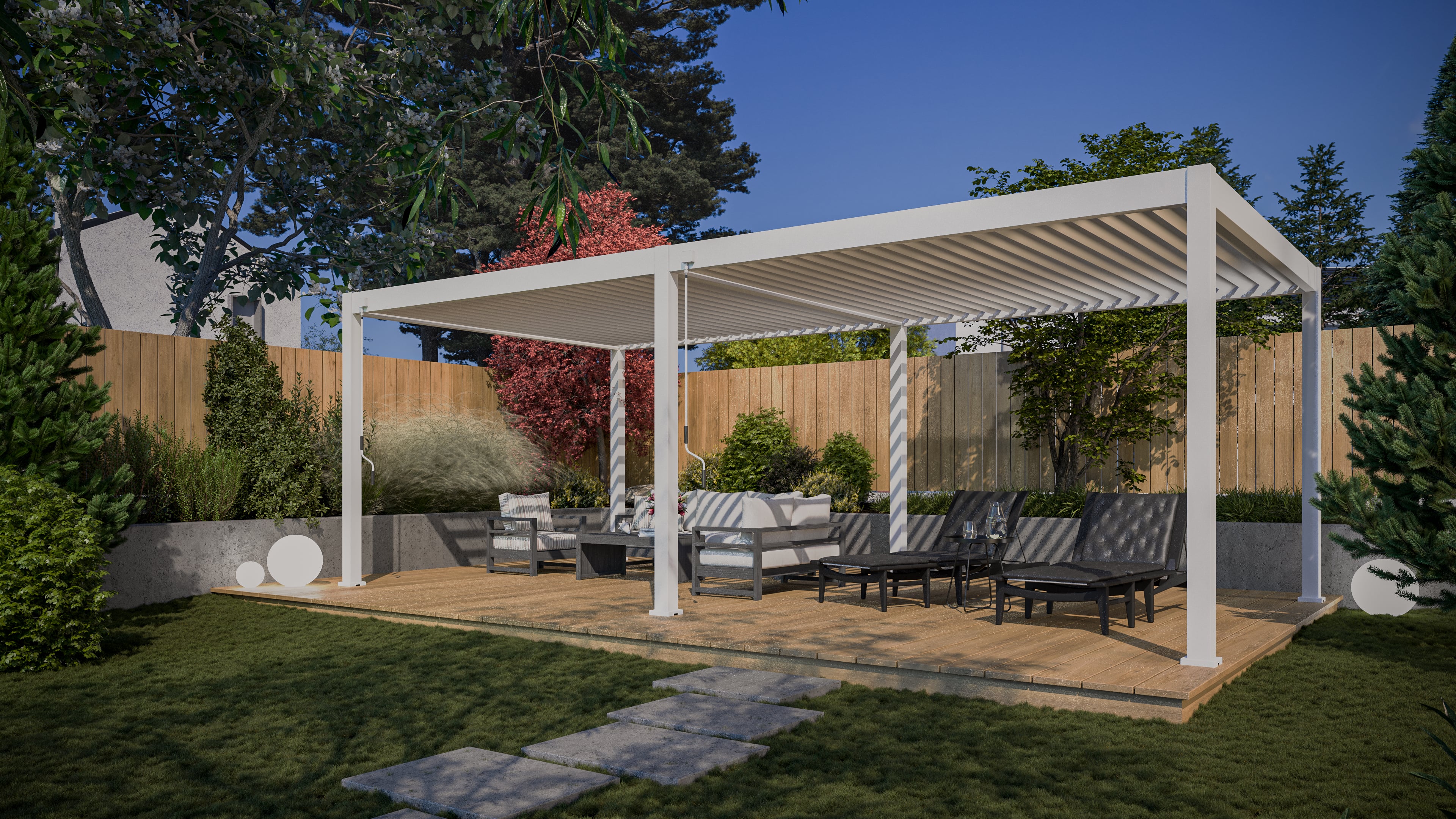 Pergola tarasowa 3.6x7.2 DELUXE White - Gutroof w aranżacji wieczorowej