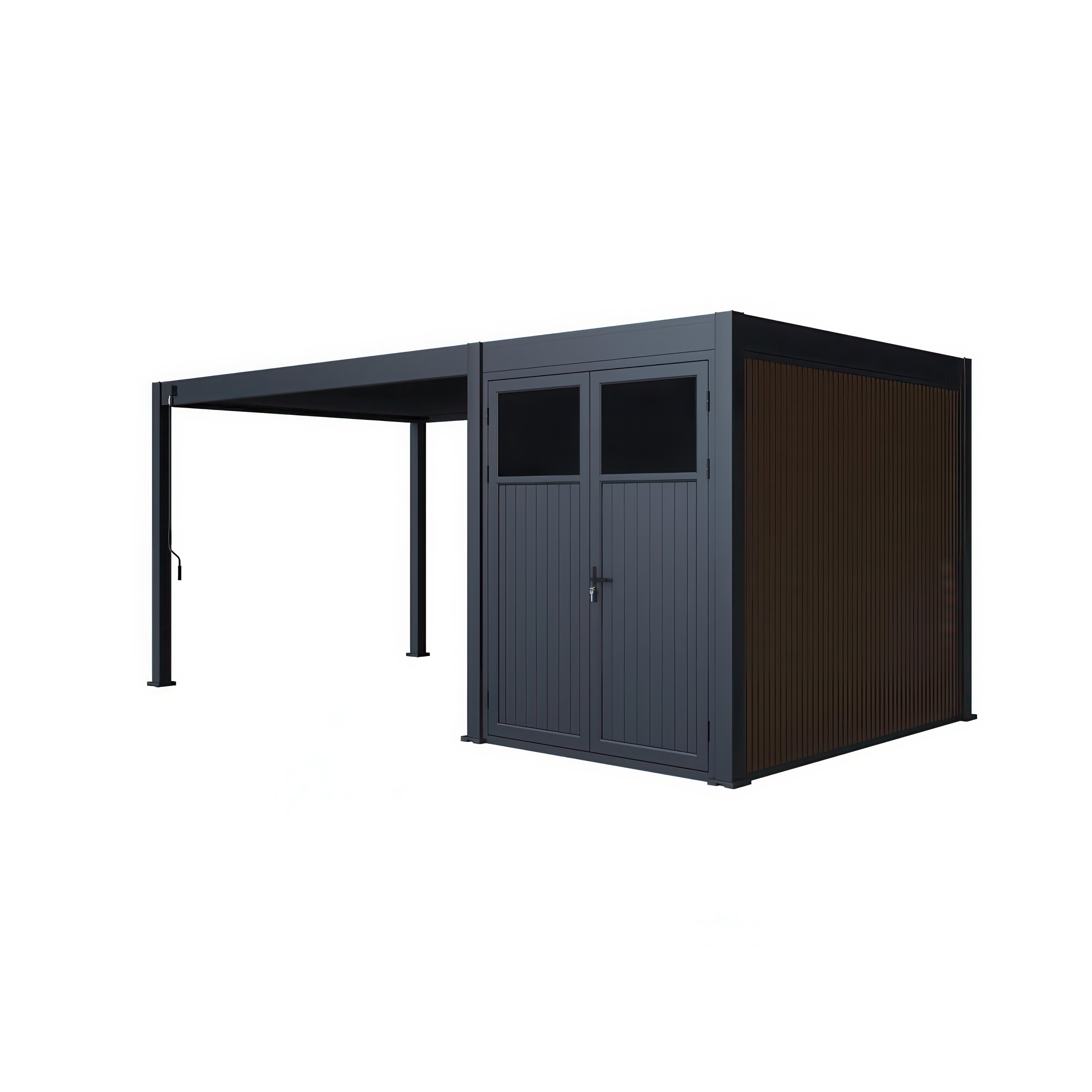 Pergola tarasowa Fusion 3x4+2 Anthracite Gutroof ze schowkiem widok perspektywiczny lewy