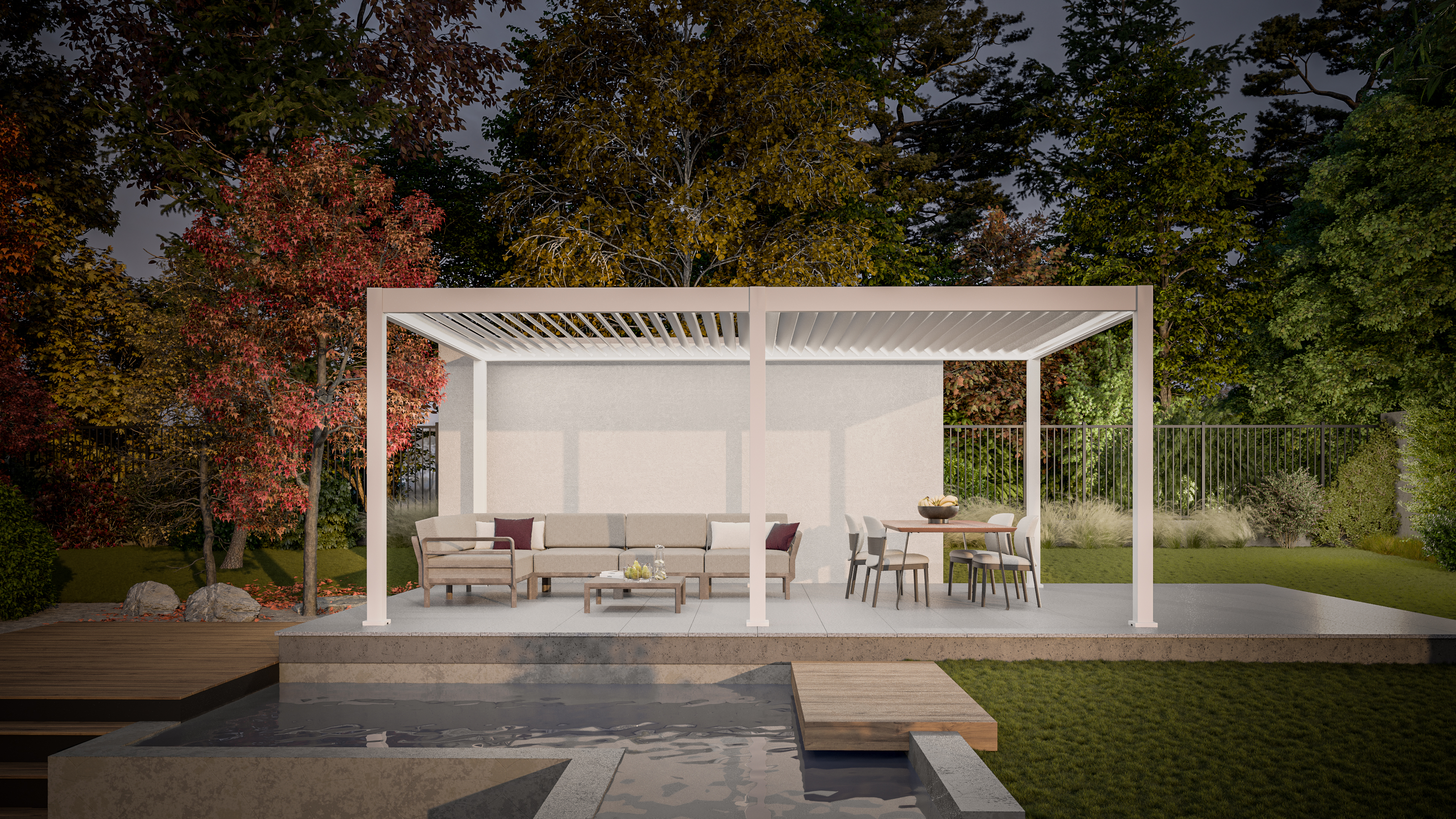 Pergola tarasowa DELUXE Automatic + LED 3,6x6 White - Gutroof w aranżacji wieczorowej