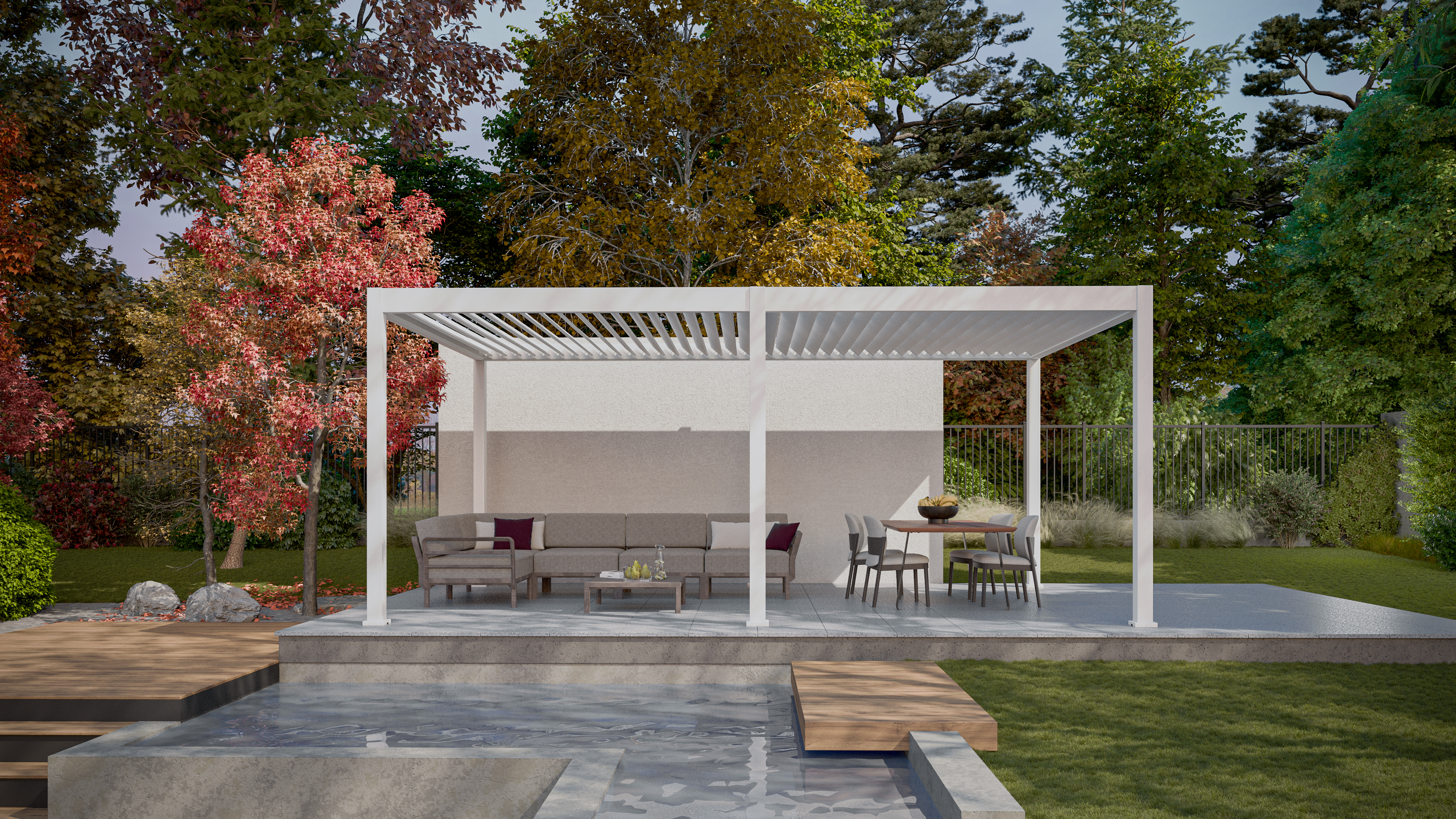 Pergola tarasowa DELUXE Automatic + LED 3,6x6 White - Gutroof w świetle dziennym 