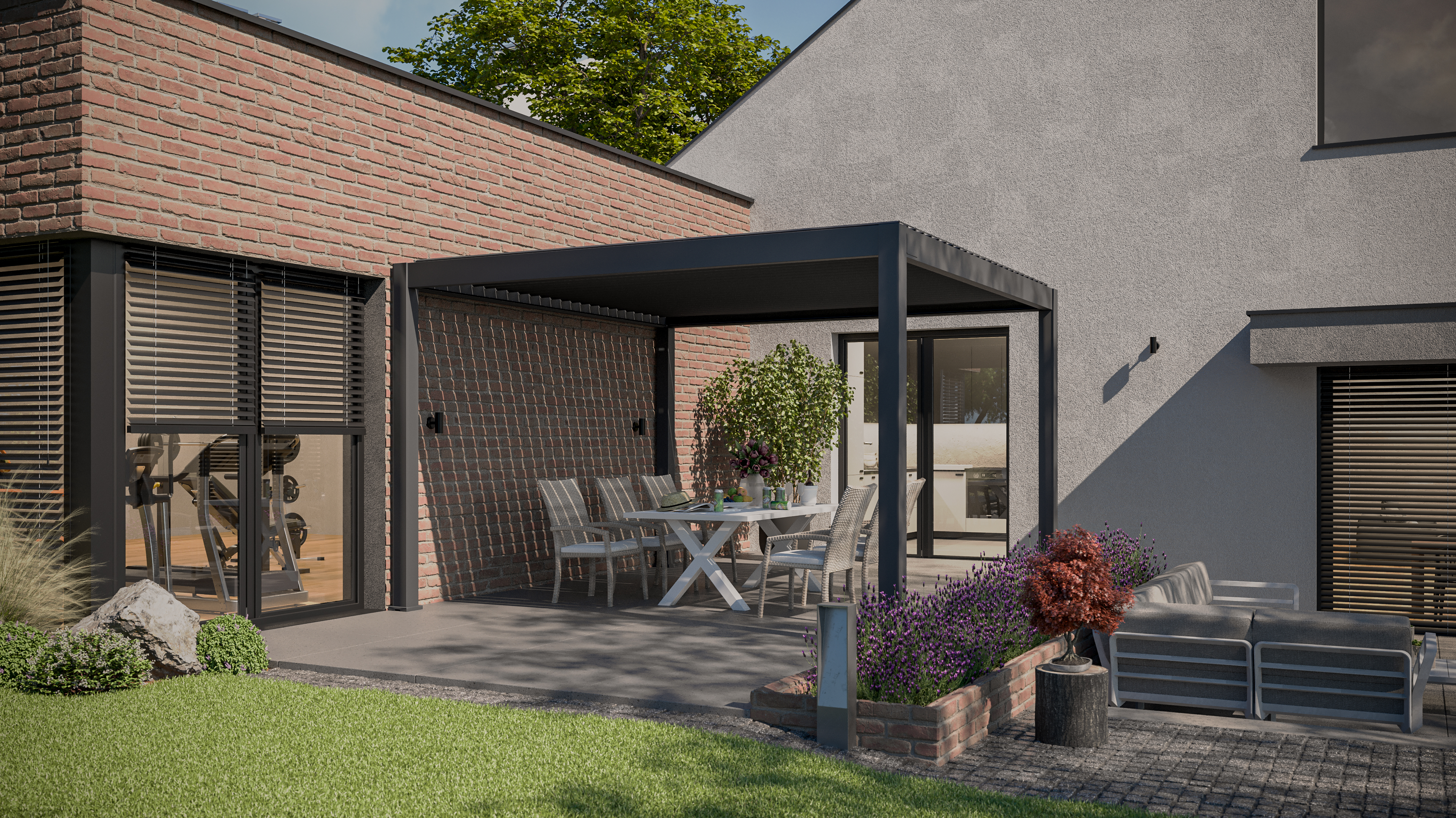 Pergola tarasowa DELUXE PRO Automatic 4x4 + LED, Anthracite - Gutroof przy ścianie domu w dzień