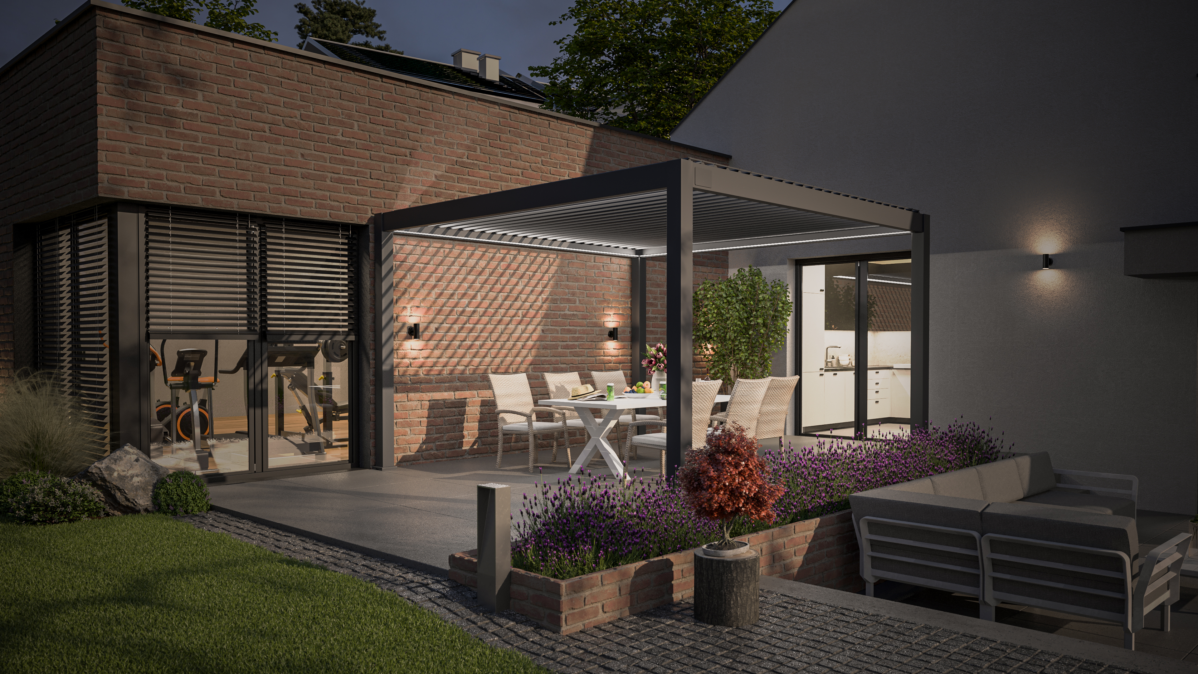 Pergola tarasowa DELUXE PRO Automatic 4x4 + LED, Anthracite - Gutroof przy ścianie domu wieczorem