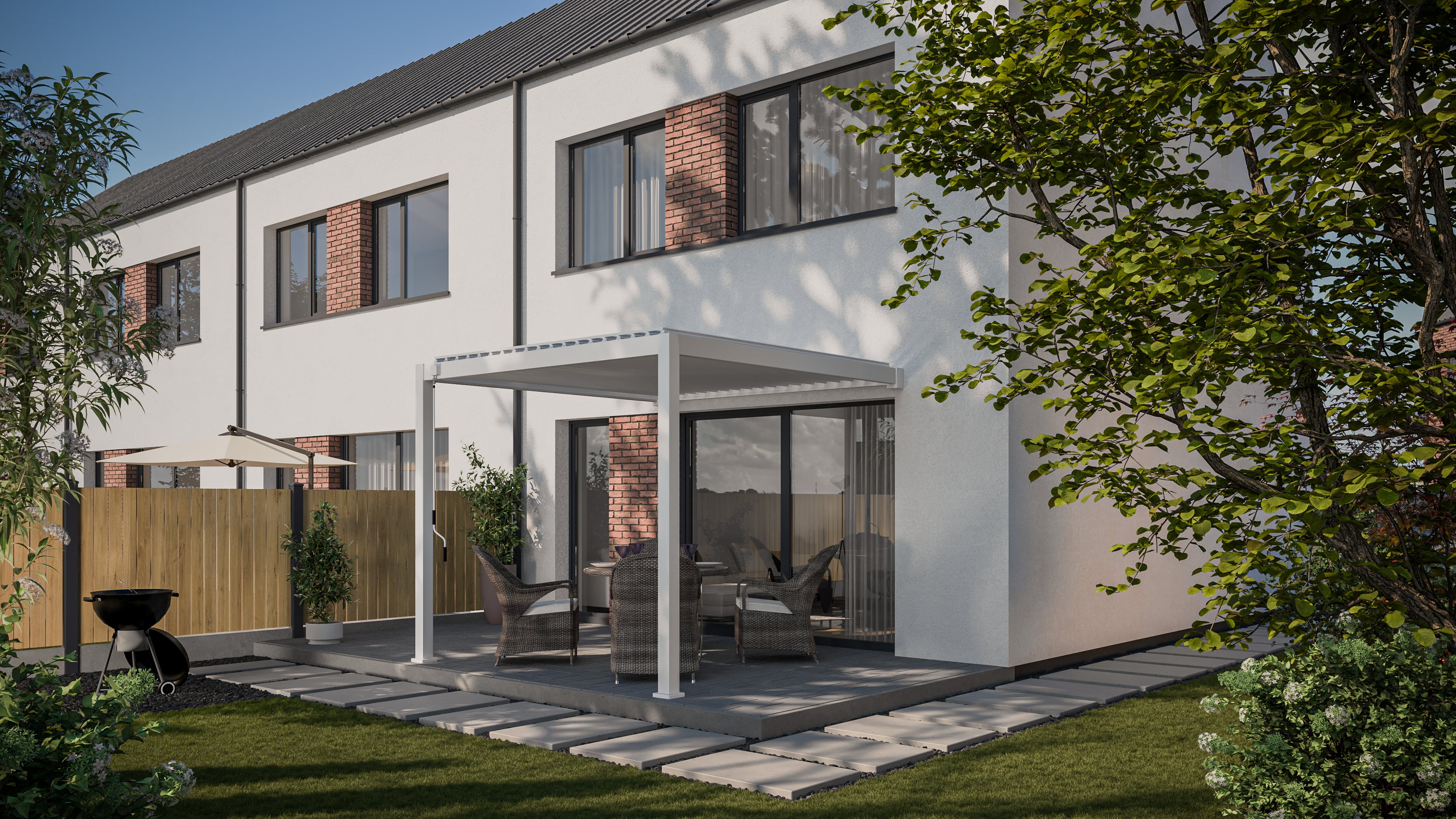 Pergola tarasowa do ogrodu, ścienna 3x3 Premium Wall White marki Gutroof w aranżacji