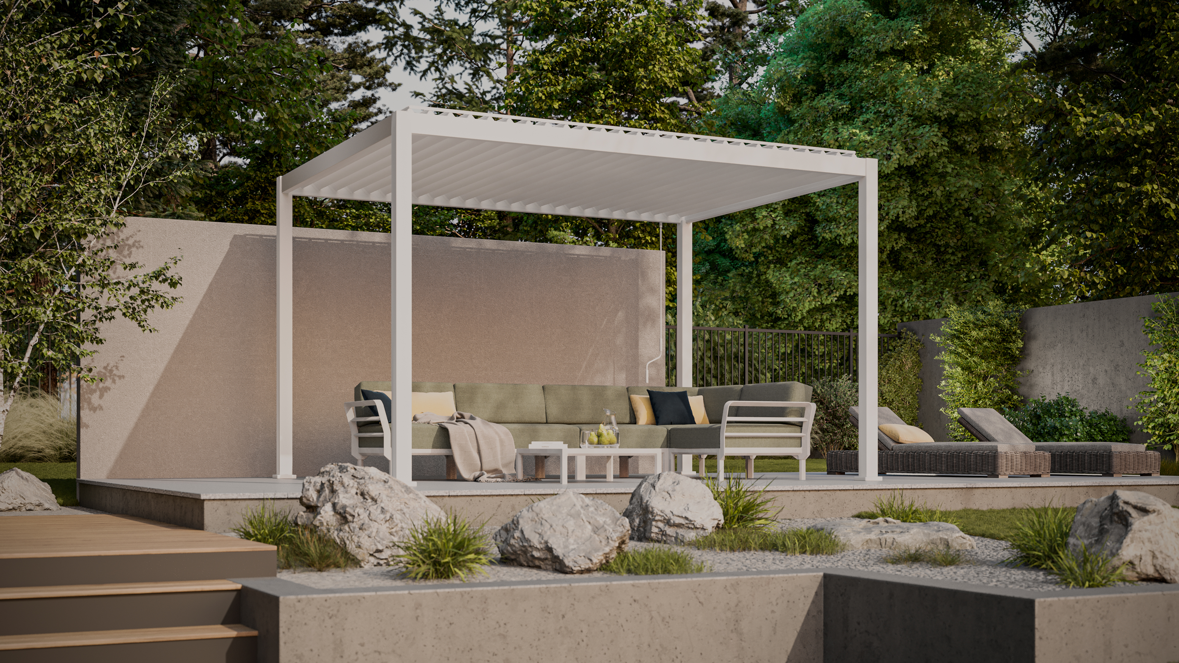 Pergola tarasowa ogrodowa 3x4 Premium White - Gutroof w aranżacji