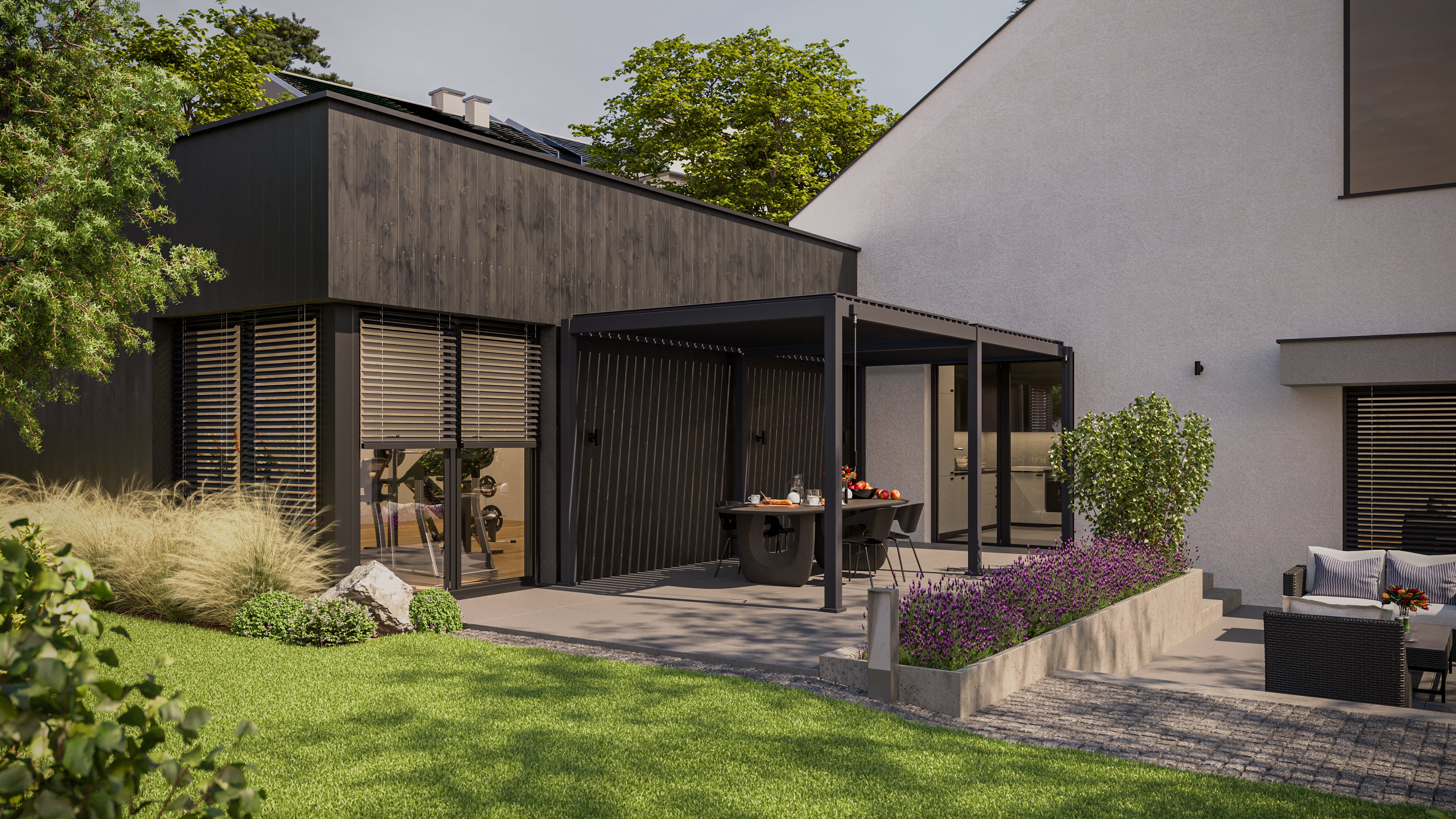 Pergola tarasowa Premium w kolorze antracytowym 3x6 - Gutroof przy ścianie domu