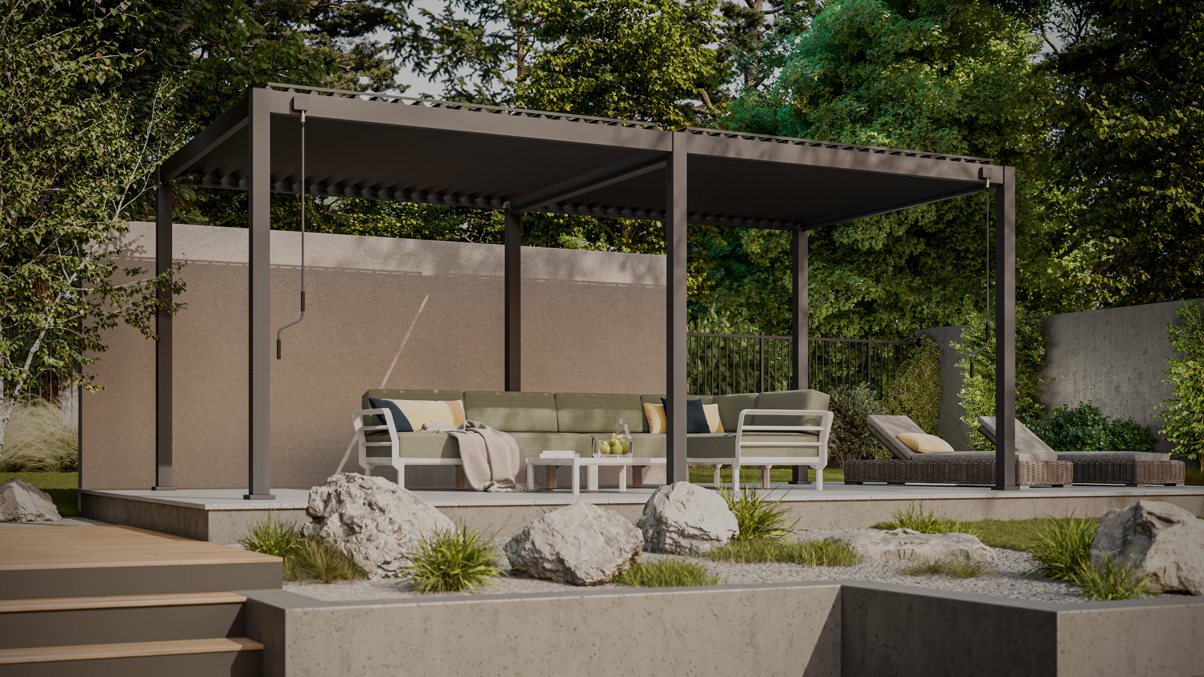 Pergola tarasowa Premium w kolorze antracytowym 3x6 - Gutroof w aranżacji