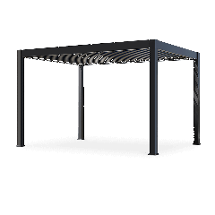 Letnia wizualizacja pergoli z widokiem na umieszczone pod nią meble