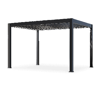 Letnia wizualizacja pergoli z widokiem na umieszczone pod nią meble