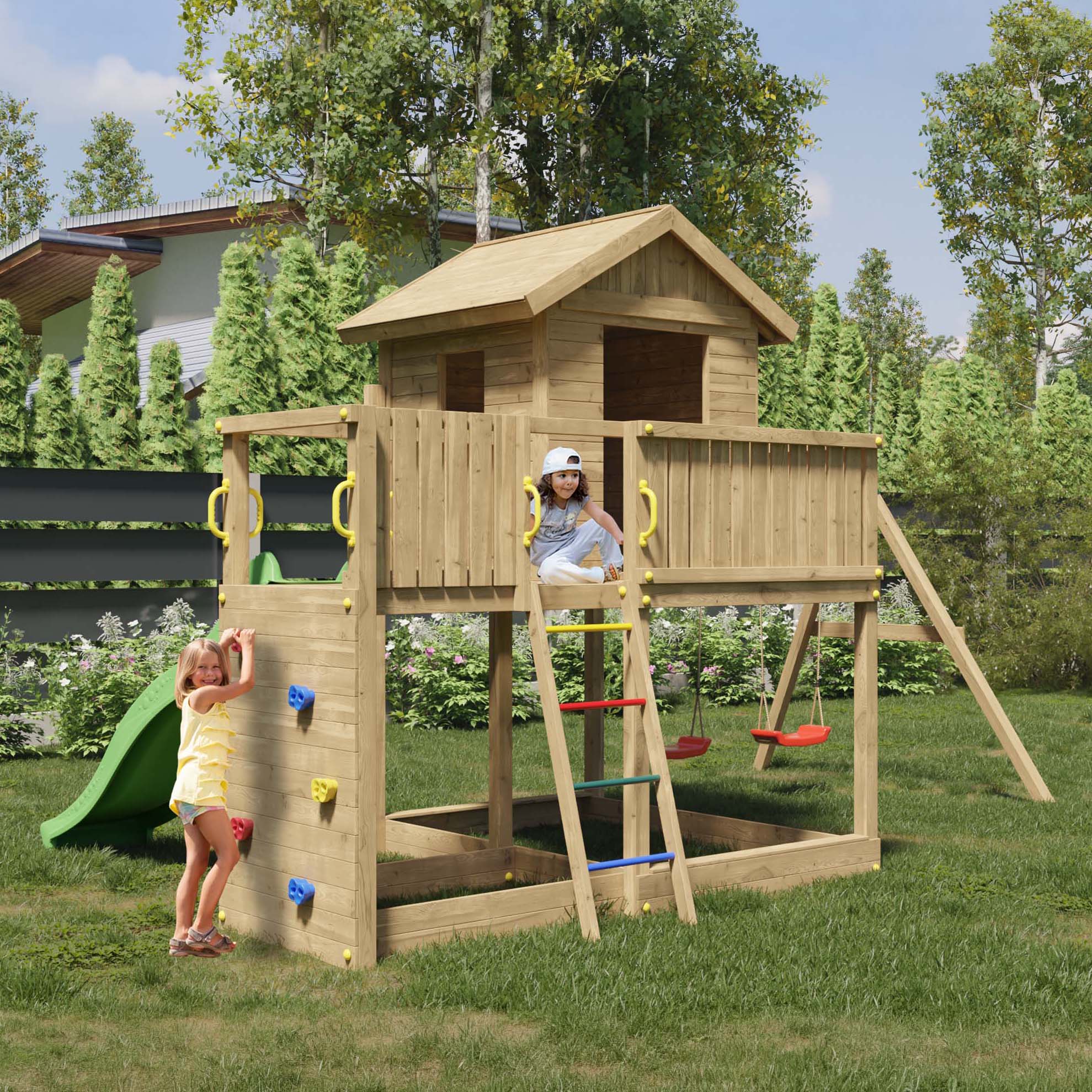 Plac zabaw dla dzieci z domkiem i podwójną huśtawką GALAXY L - Fungoo