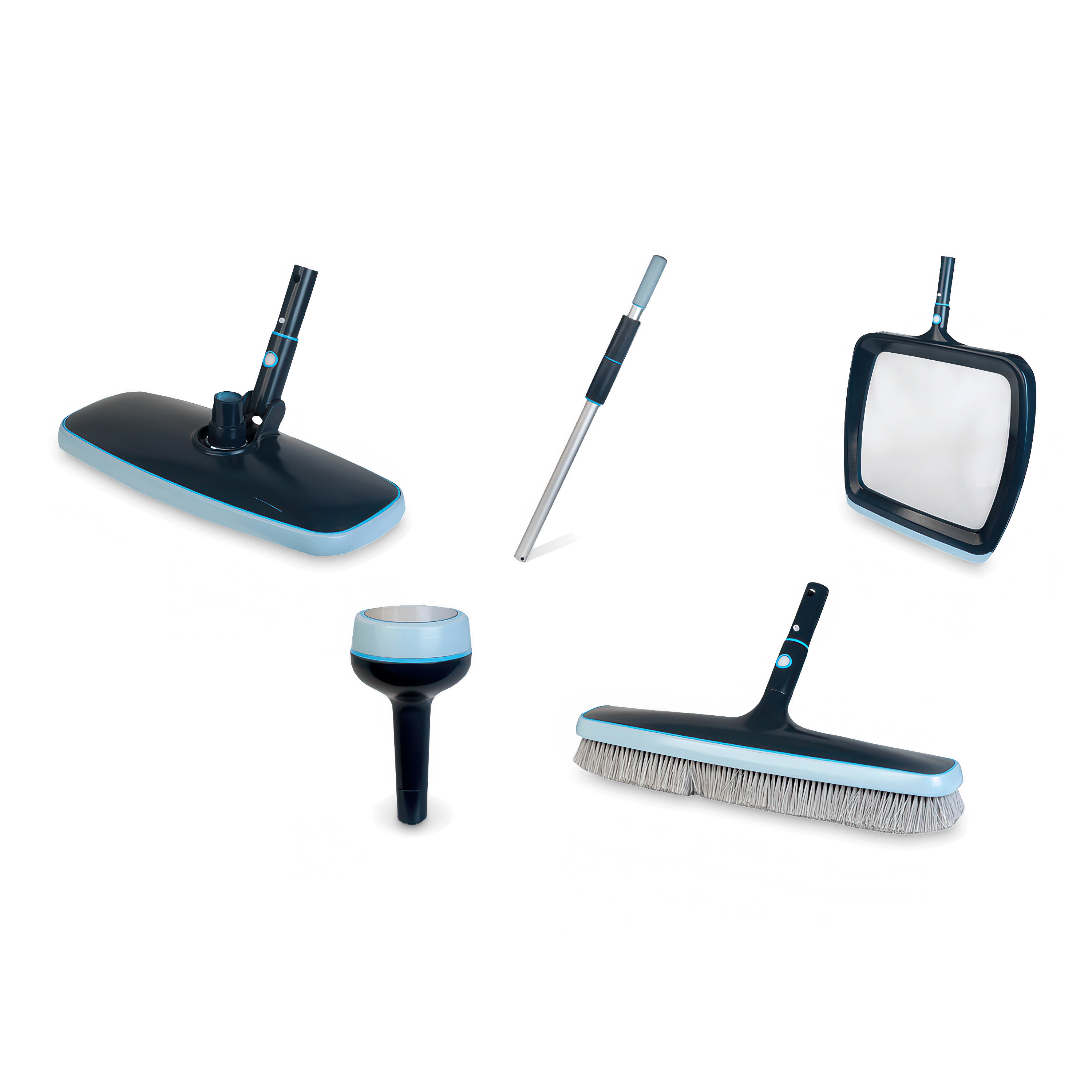 zestaw do czyszczenia basenu, szczotki, podbierak, termometr basenowy, tyczka teleskopowa 