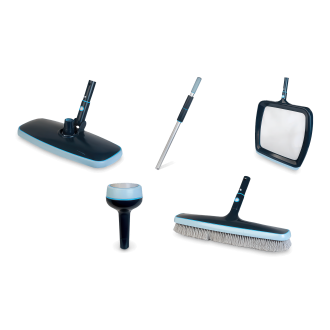 zestaw do czyszczenia basenu, szczotki, podbierak, termometr basenowy, tyczka teleskopowa