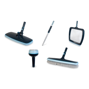 zestaw do czyszczenia basenu, szczotki, podbierak, termometr basenowy, tyczka teleskopowa
