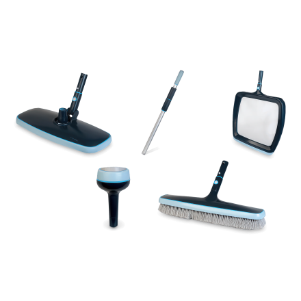 zestaw do czyszczenia basenu, szczotki, podbierak, termometr basenowy, tyczka teleskopowa
