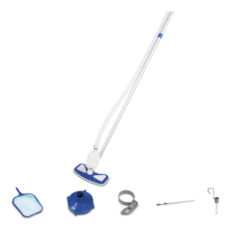 zestaw do konserwacji basenu: kij z podbierakiem, skimmer powierzchniowy oraz odkurzacz