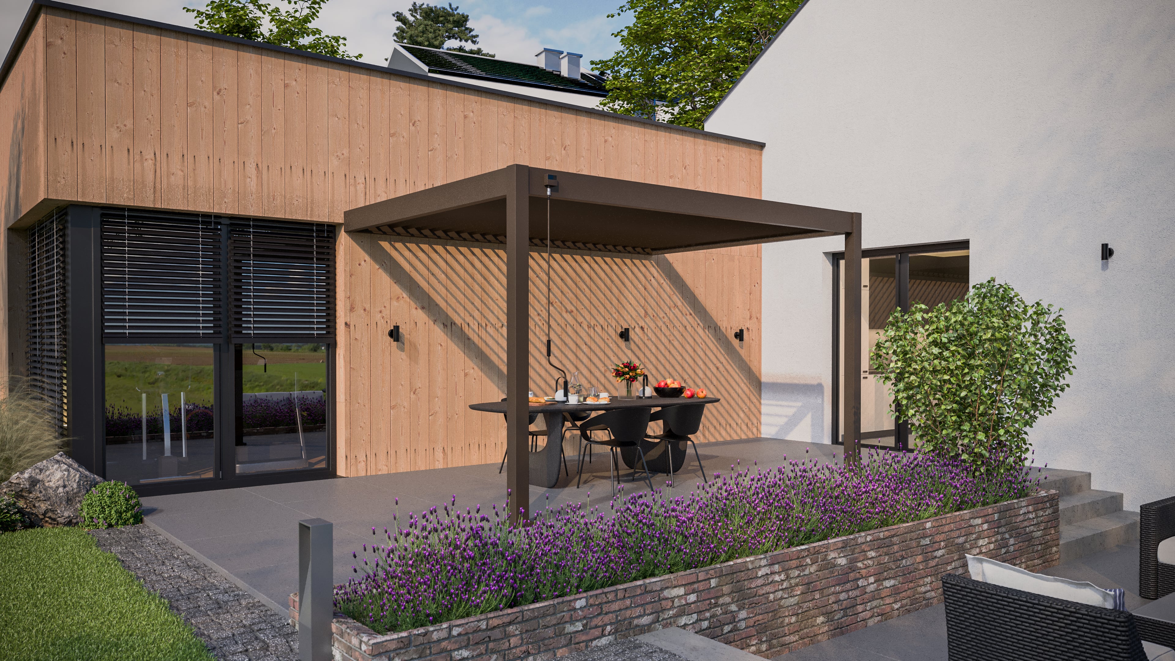 Przyścienna pergola ELEGANCE WALL 3x4 Taupe - Gutroof w świetle dziennym 