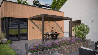 Przyścienna pergola ELEGANCE WALL 3x4 Taupe - Gutroof w świetle dziennym 