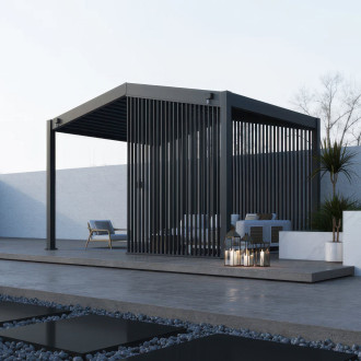 Przykładowe zastosowanie panelu żaluzjowego pionowego umieszczonego na pergoli SUMMIT Anthracite - Gutroof