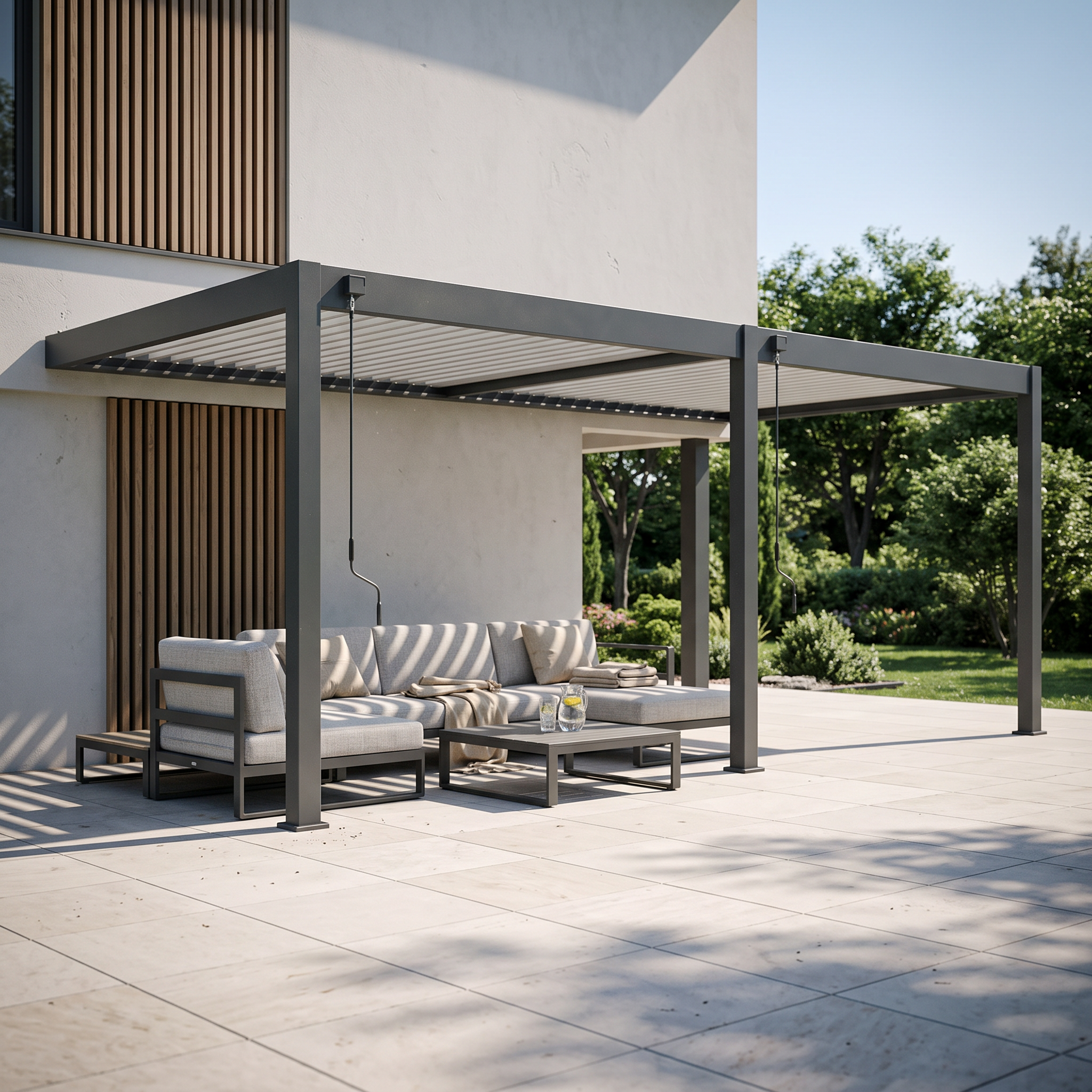 Przyścienna pergola ELEGANCE WALL 3x6 antracytowa z zestawem wypoczynkowym na tarasie przy nowoczesnym domu