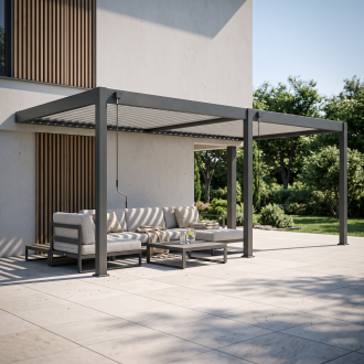 Przyścienna pergola ELEGANCE WALL 3x6 antracytowa z zestawem wypoczynkowym na tarasie przy nowoczesnym domu