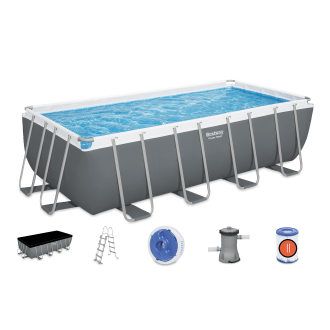 prostokątny basen stelażowy z przykryciem z drabiną z dozownikiem z pompą filtrującą i filtrami