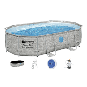 prostokątny basen stelażowy w zestawie z pokrywą z drabiną z dozownikiem i pompą filtrującą