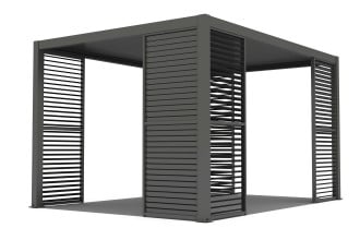 Antracytowy regulowany panel żaluzjowy do pergoli PRIMARY 1 m Gutroof zamontowany w konstrukcji aluminiowej