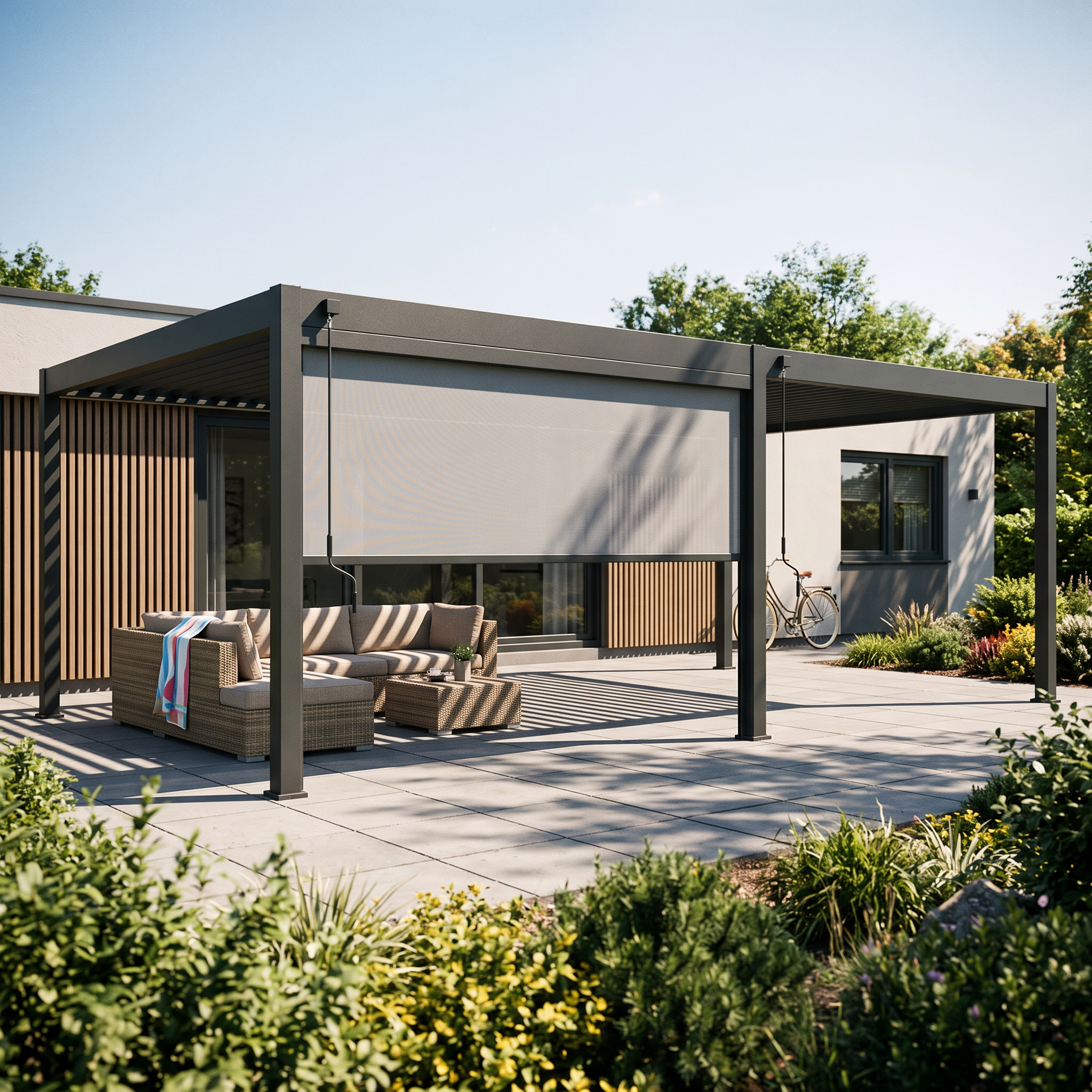 Roleta opuszczana do pergoli ELEGANCE/DELUXE/FUSION 3.6 m Anthracite - Gutroof  — aranżacja