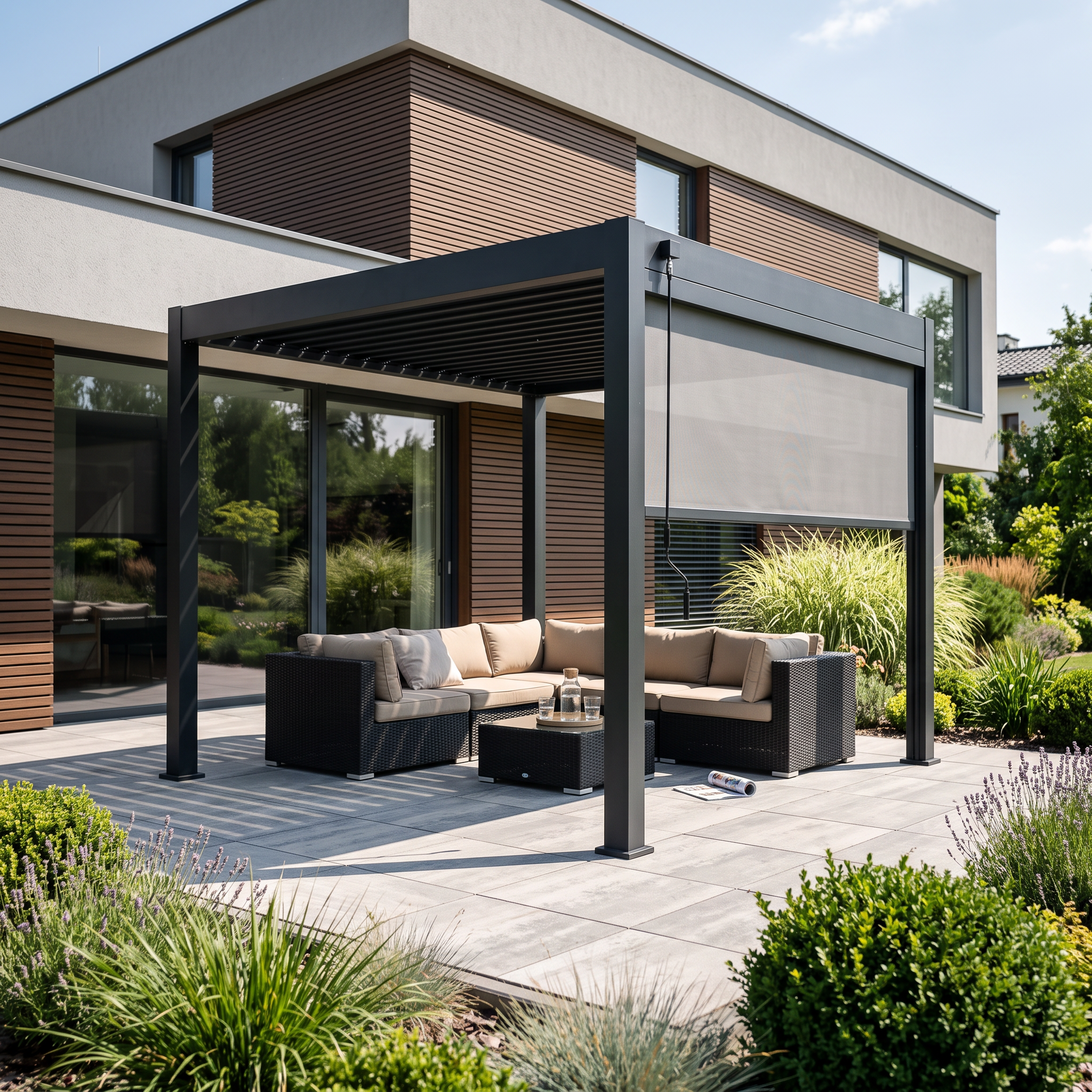 Roleta opuszczana do pergoli ELEGANCE/DELUXE/FUSION 3 m Anthracite Gutroof zamontowana na konstrukcji przy nowoczesnym domu