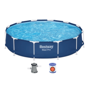 okrągły basen stelażowy w zestawie z pompą filtrującą i filtrem