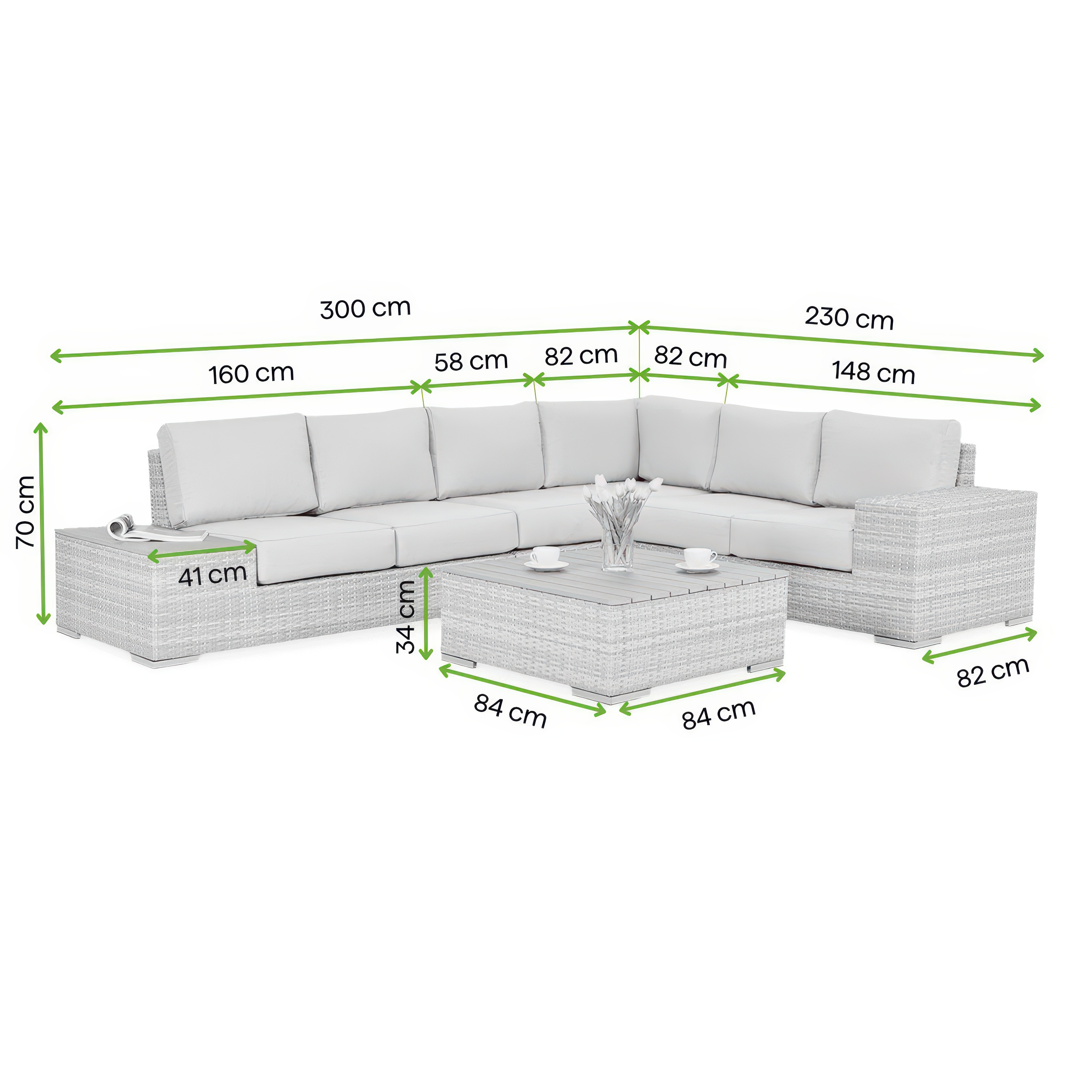 Rysunek z wymiarami narożnika technorattanowego avocado white grey