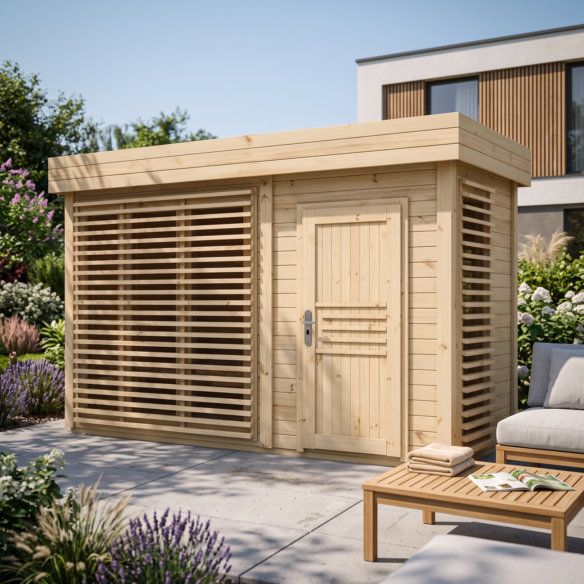 Sauna ogrodowa AZALIA 400x200 cm z drewnianymi żaluzjami ustawiona w przydomowym ogrodzie z meblami wypoczynkowymi