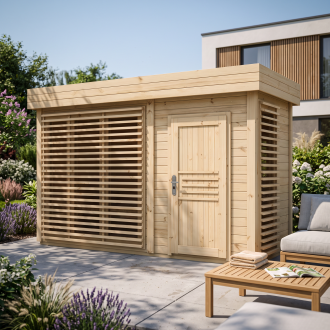 Sauna ogrodowa AZALIA 400x200 cm z drewnianymi żaluzjami ustawiona w przydomowym ogrodzie z meblami wypoczynkowymi