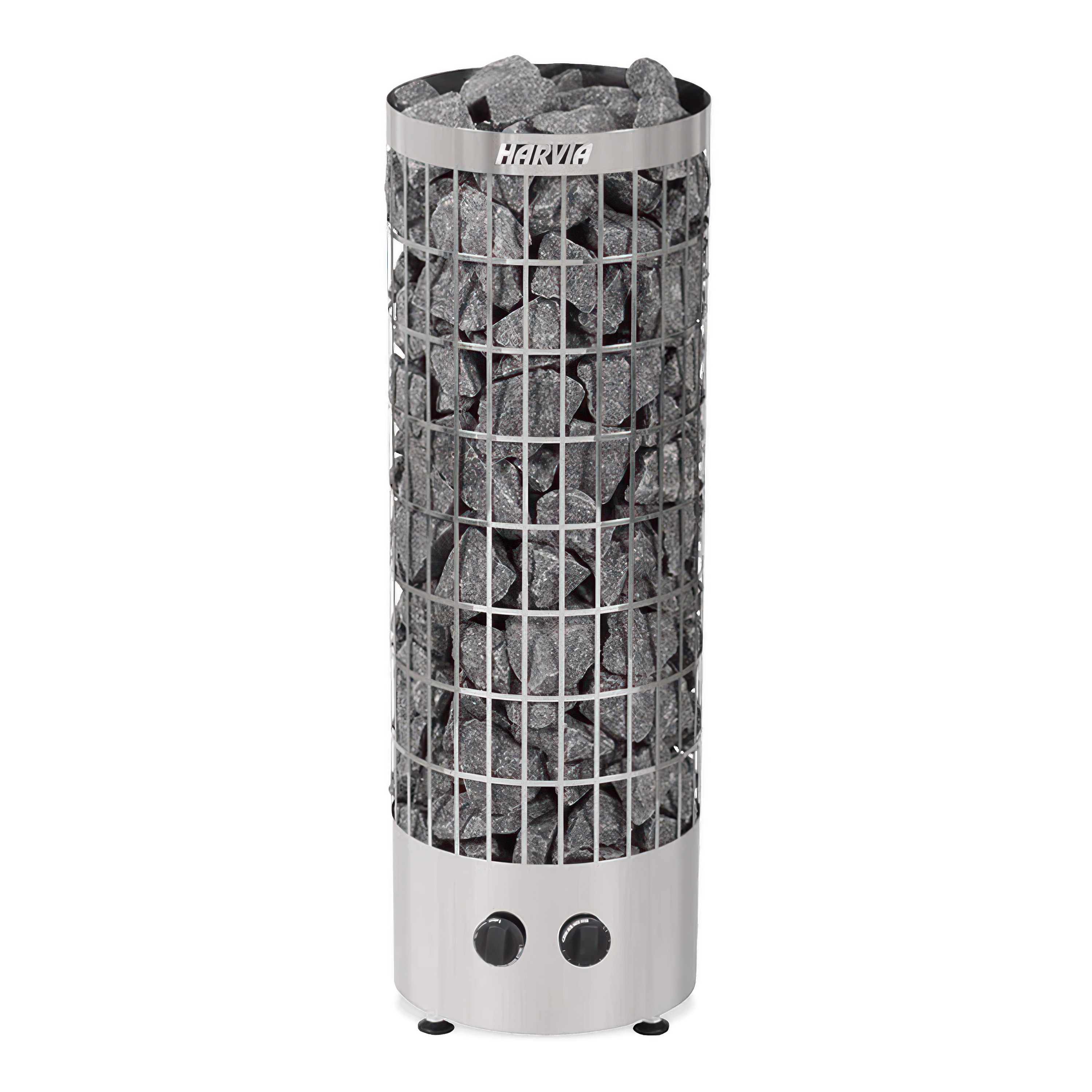 Nowoczesny piec elektryczny do sauny w formie wysokiego cylindra, wypełniony kamieniami, z regulacją temperatury na dole.