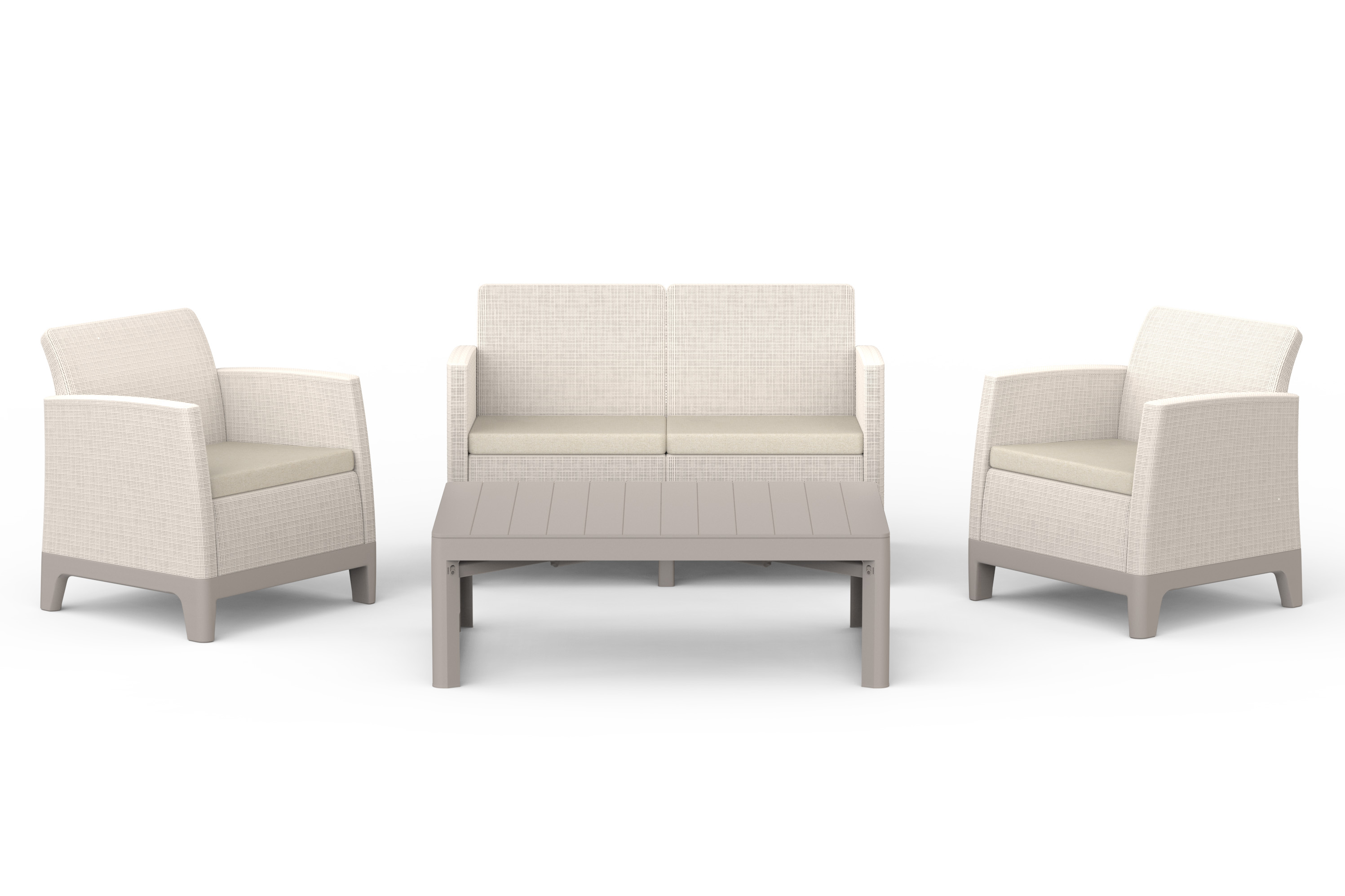 Zestaw mebli ogrodowych Keter SCANDI MAX2/LYON w kolorze Pebble Grey-Soft Beige z sofą, dwoma fotelami i stołem