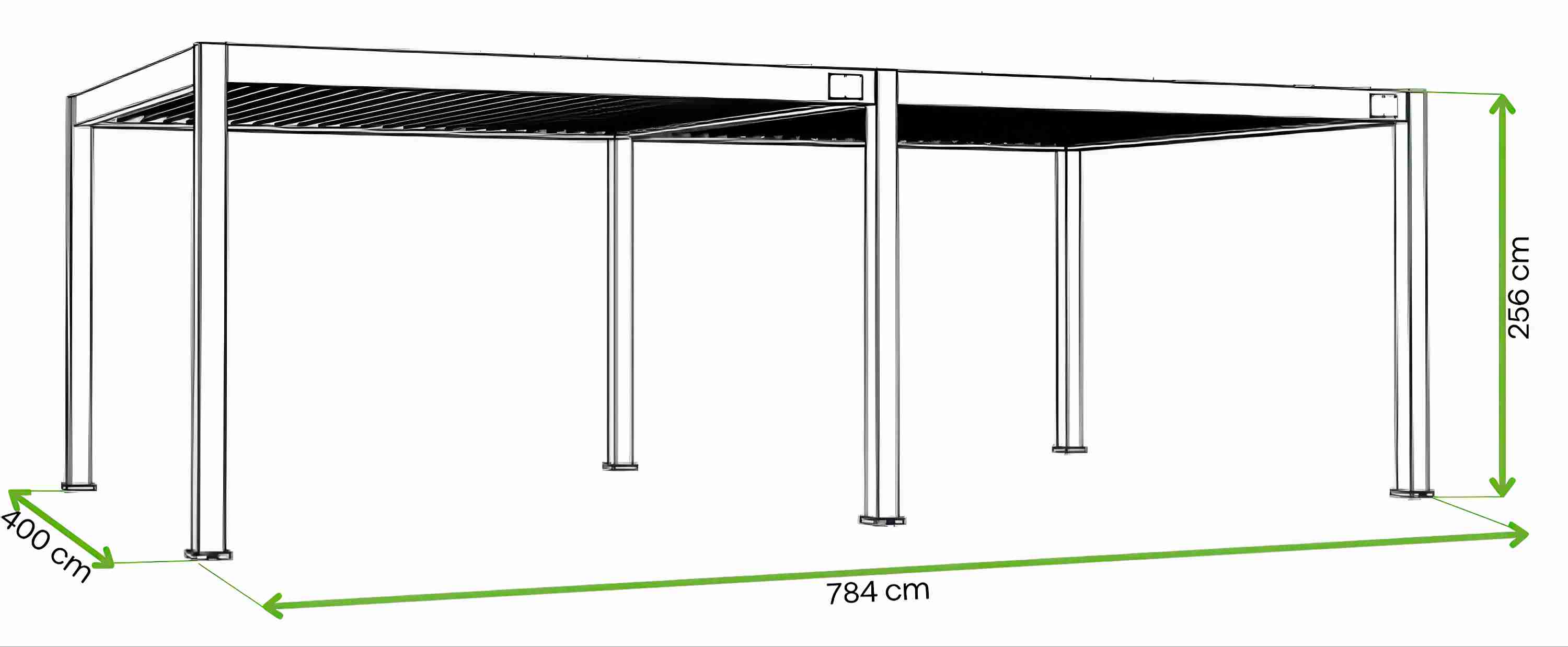 Schemat pergoli z zaznaczonymi wymiarami 4x8 m i wysokością 256 cm.