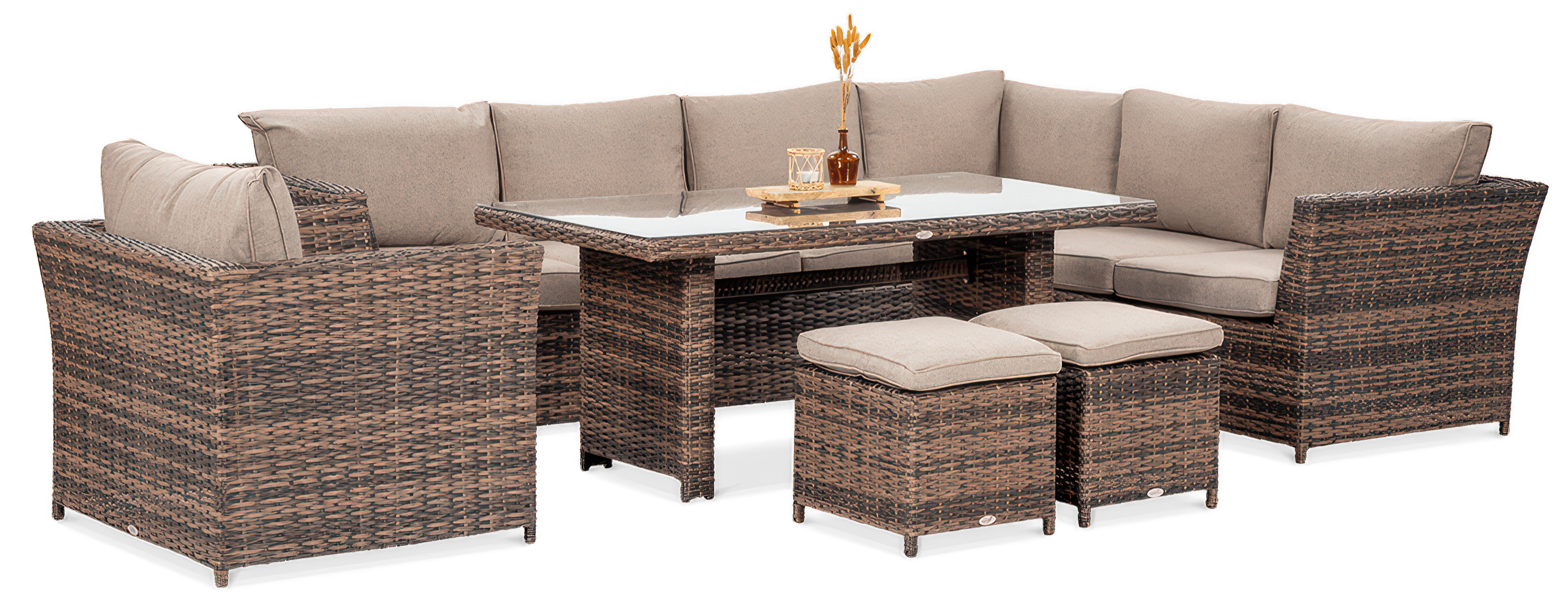 Widok na zestaw meblowy z technorattanu MONIZ DINING PLUS Brown